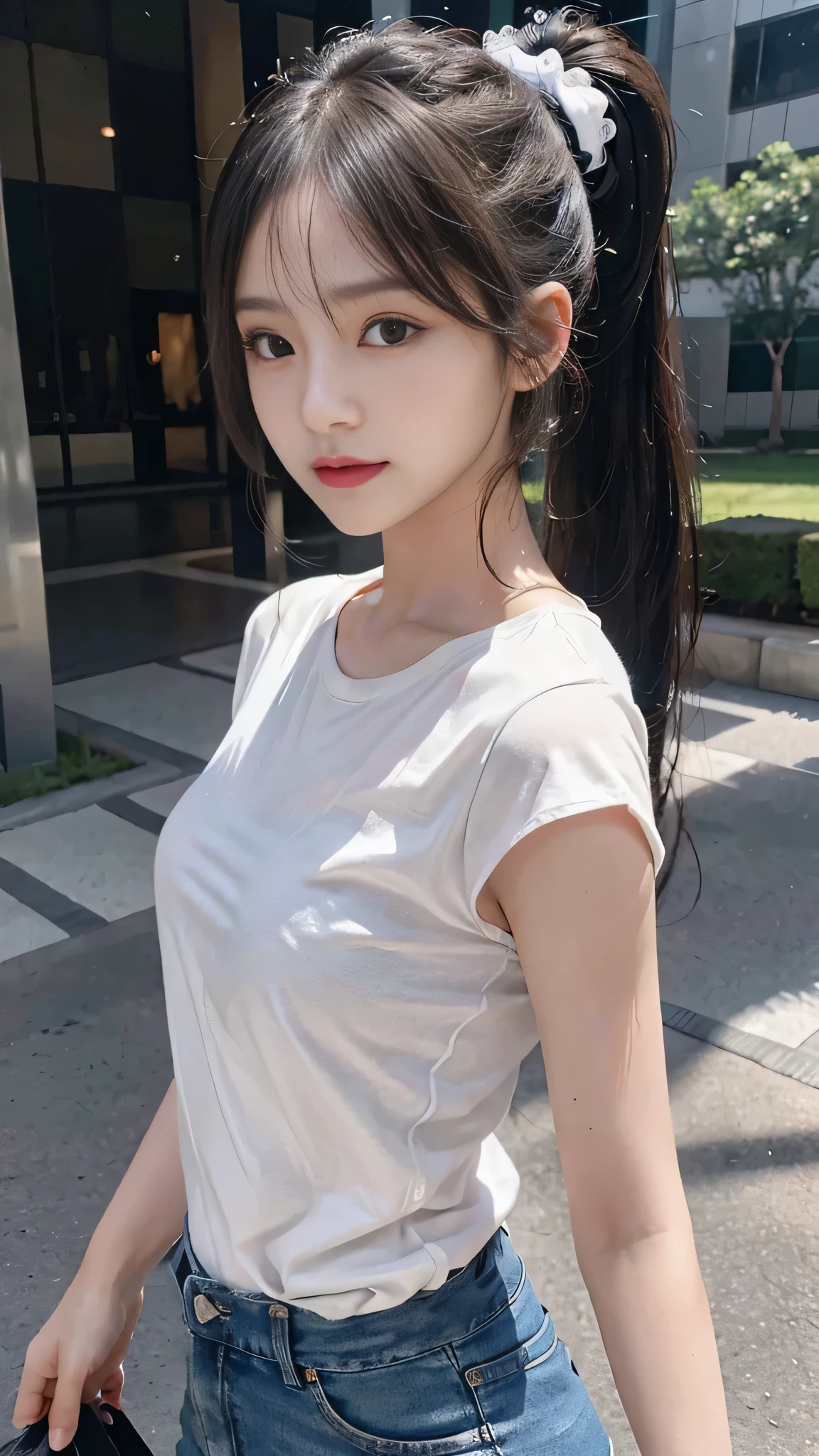 Black underwear shows through the white T-shirt,jeans,outdoors,Urban Park,On the lawn,Close up face,One woman,masutepiece, The highest image quality, High quality, the background is clear,Beautiful woman, Japanese, Detailed, Detailed eyes, Detailed skin, Beautiful skin, 超hight resolution, (reality: 1.4),Very beautiful woman, Slightly younger face, Beautiful skin, slender, (Ultra photo realsisim), (hight resolution), (8K), (Very detailed) (beautifully detailed eyes), (super detailed), (Detailed face), view the viewer, Fine details, Detailed face, Staring straight ahead, Staring straight ahead, photos realistic, Bright lighting, Professional Lighting, Black hair,poneyTail,a baby face,fourteen years old,Hairstyle: ponytail,Long ponytail hairstyle,slight smile,neat and tidy clothing,Beautiful Japanese KPOP idol photo, hair style is ponytail, my eyes are double and wide, baby face, smile and look straight ahead, slender, small breasts,Close up face,
