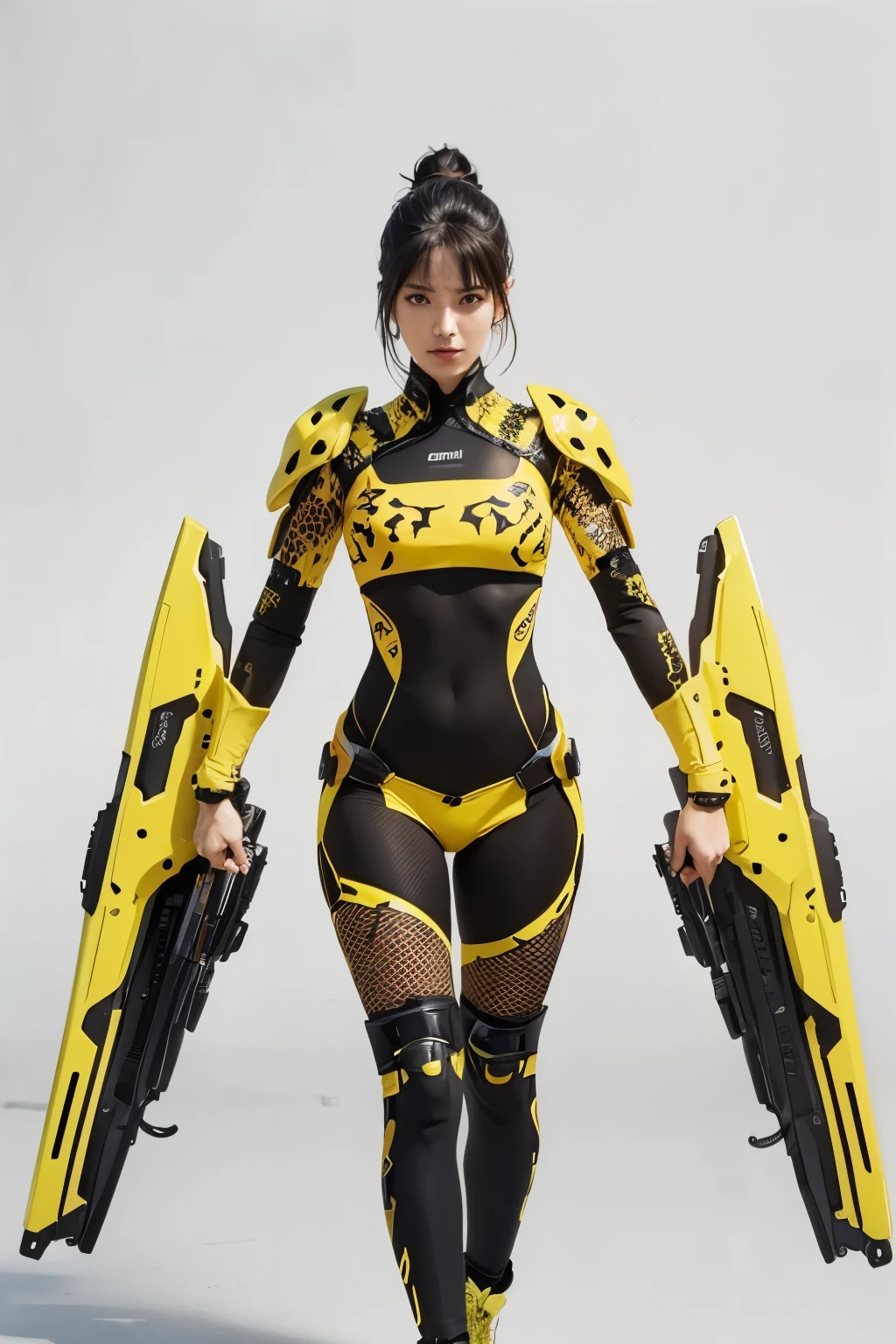 a (giraffe pattern outfit) yellow and black outfit,sword,beautiful cyberpunk woman,cyberpunk angry gorgeous goddess,beautiful cyborg girl ,hyper realistic,intricate details,cinematic lighting,vibrant colors,award winning,stunning,masterpiece