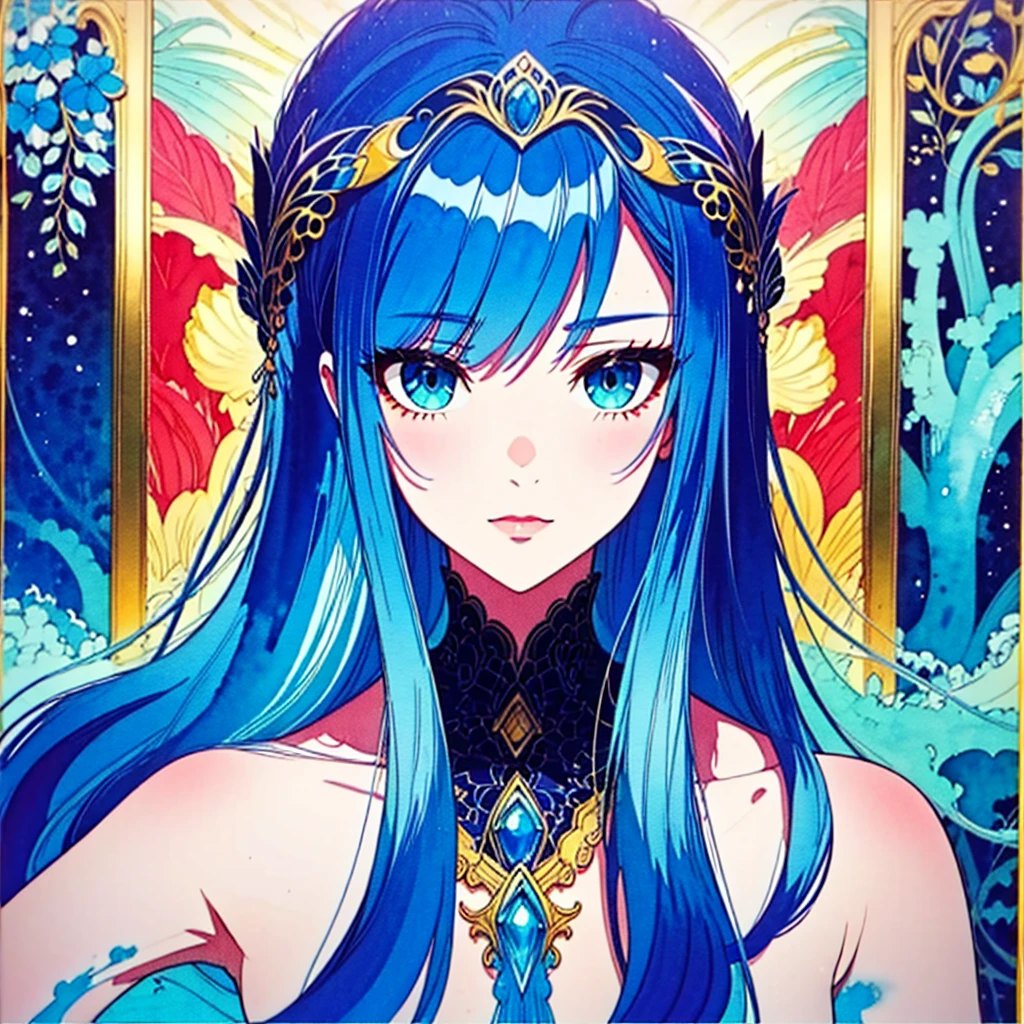 (best quality),(masterpiece:1.2), (colorful:0.9), (ink splashing),(color splashing),((watercolor)), clear sharp focus, model shot,, (portrait goddess of spring:1.5), cute expression,elegant blue colored hair, beautyfull detailed face and eyes, elegant goddess clothing, spring forest background,, colorwater