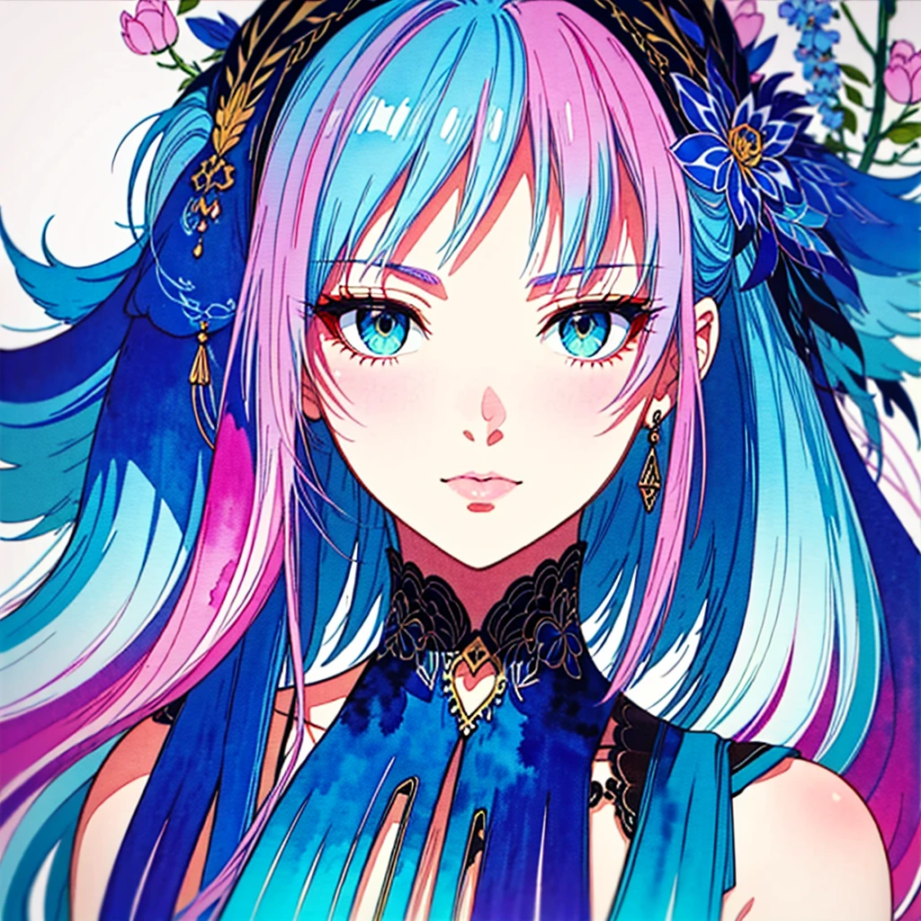 (best quality),(masterpiece:1.2), (colorful:0.9), (ink splashing),(color splashing),((watercolor)), clear sharp focus, model shot,, (portrait goddess of spring:1.5), cute expression,elegant blue colored hair, beautyfull detailed face and eyes, elegant goddess clothing, spring forest background,, colorwater