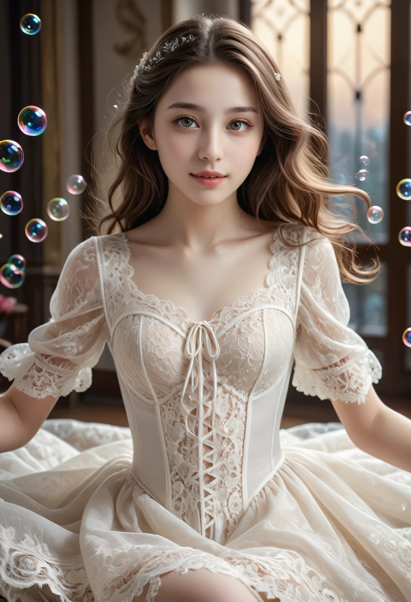 (best quality,4k,8k,highres,masterpiece:1.2),ultra-detailed,(realistic, photorealistic,photo-realistic:1.37),a beautiful girl wearing exquisite lace stockings, highly detailed, flowing, dynamic, (she is floating in the air:1.5), bright eyes, energetic, alluring front, silky texture, high-quality texture, (giant bubbles:1.4), soft lighting, (this girl is currently in a fantasy world:1.5), (good anatomy:1.5),White skin, (detailed beautiful eyes:1.1), high nose, Dreamy atmosphere, high nose, accurately drawn fingers, moist skin, subtle smile