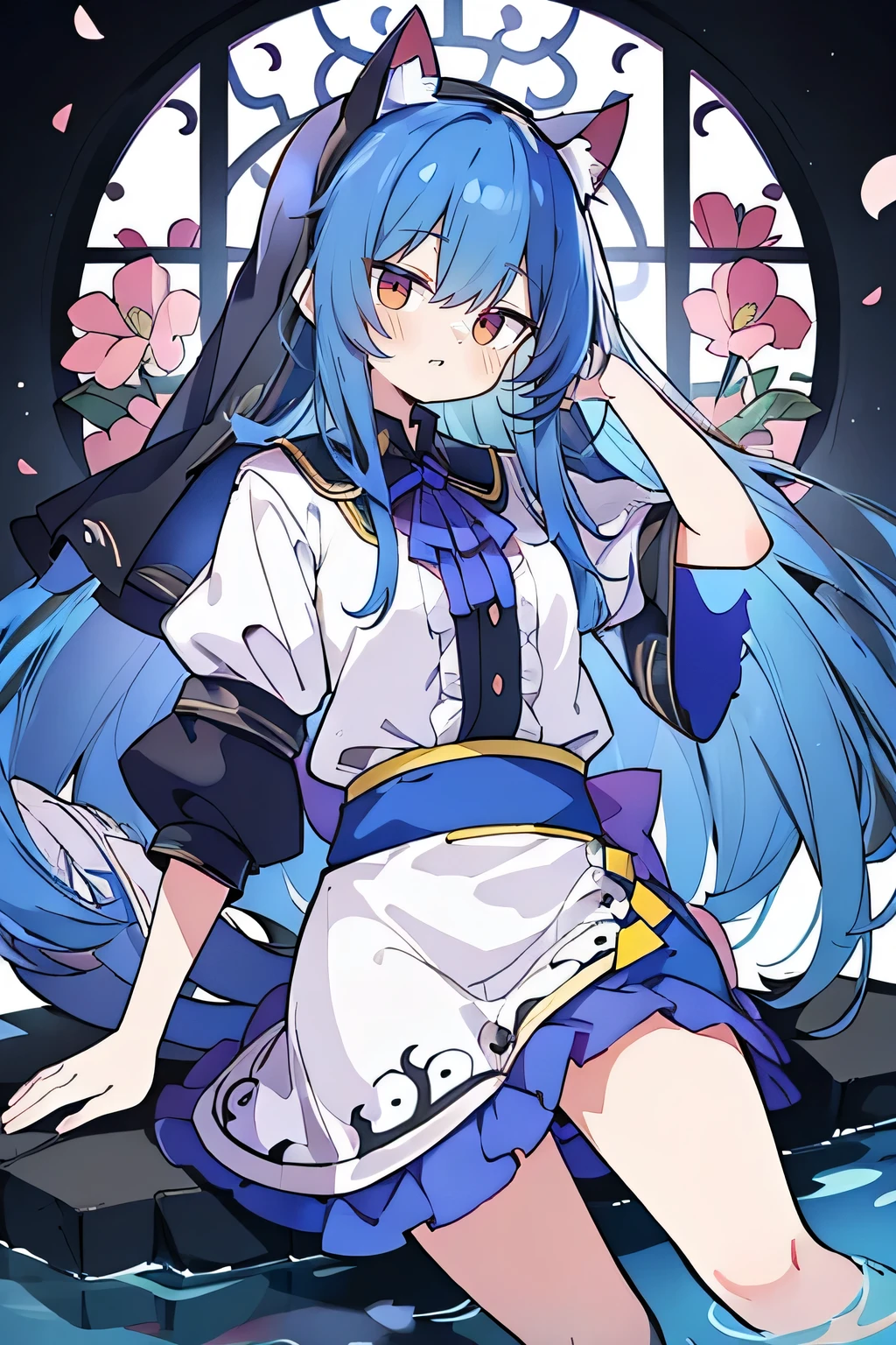 (masterpiece:1.2),Extremely detailed,Practical,expressive eyes,Fair skin,Perfect face shaping,1 Girl,
Japanese cartoons,Gorgeous blue hair, the long flowing blue hair,Floating clothes,Cat ears,Petals fall,beautiful lola,Young Angel,
Place your hands on your waist,sit elegantly on the ground,Cross your legs,Gentle and peaceful background,stately church,nun,lie on the water,Blackening,A look of disdain.