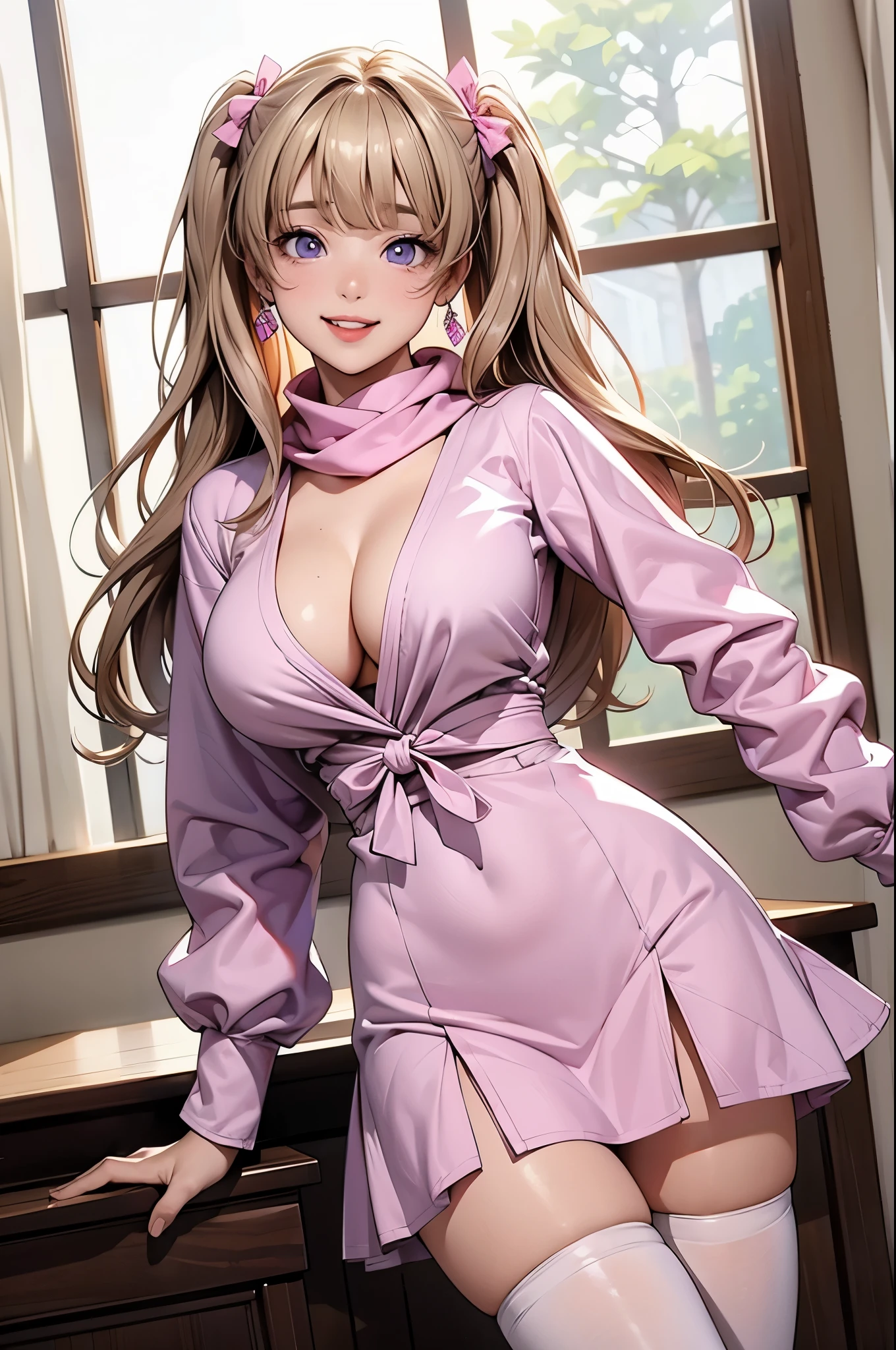 perfect eyes:1.2, detailed eyes:1.4, aanodoka, twintails, dark blonde hair, hime cut, blunt bangs, fringe, indoors, large breasts, purple eyes, tareme, pink clothes, long sleeves, modern clothes, cleavage, dress, scarf, pelvic curtain, smile, thighhighs, open mouth, beautiful body, medium full shot, thigh-level shot, 1girl,(masterpiece:1.6, best quality),