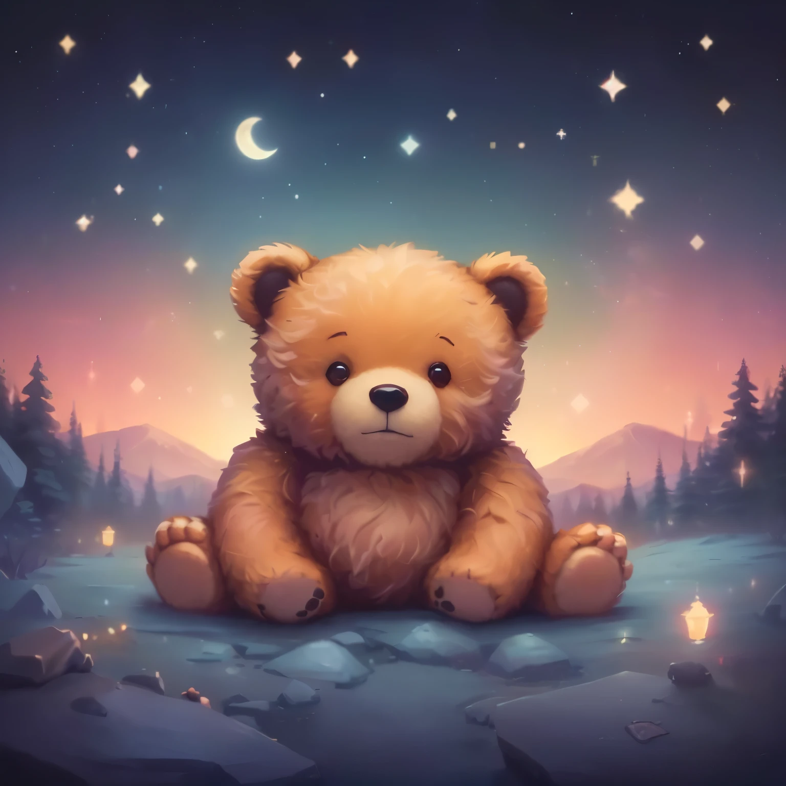 there is a teddy bear sitting on a rock in the middle of the night, teddy bear, Beeple and Jeremiah Kettner, Cute and detailed digital art, quiet night. Digital Illustration, Cute digital art, Cute artwork, Adorable digital painting, Cute and detailed artwork, Procreate Illustration, A dreamlike night, portrait of anthropomorphic bear, Teddy Fresh, good night, Miniature bear