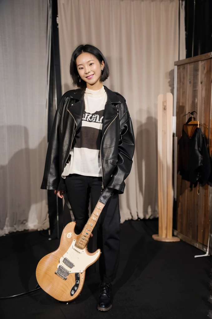 best quality, 8k, highly detailed face and skin texture, high resolution, big tits short hair japanese girl in biker jacket playing electric guitar with smile on stage at concert, under the light, full body, sharp focus