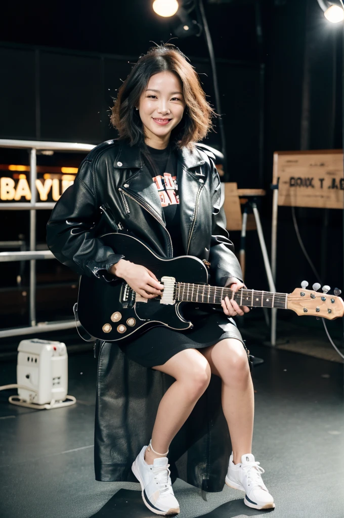 best quality, 8k, highly detailed face and skin texture, high resolution, big tits short hair japanese girl in biker jacket playing electric guitar with smile on stage at concert, under the light, full body, sharp focus