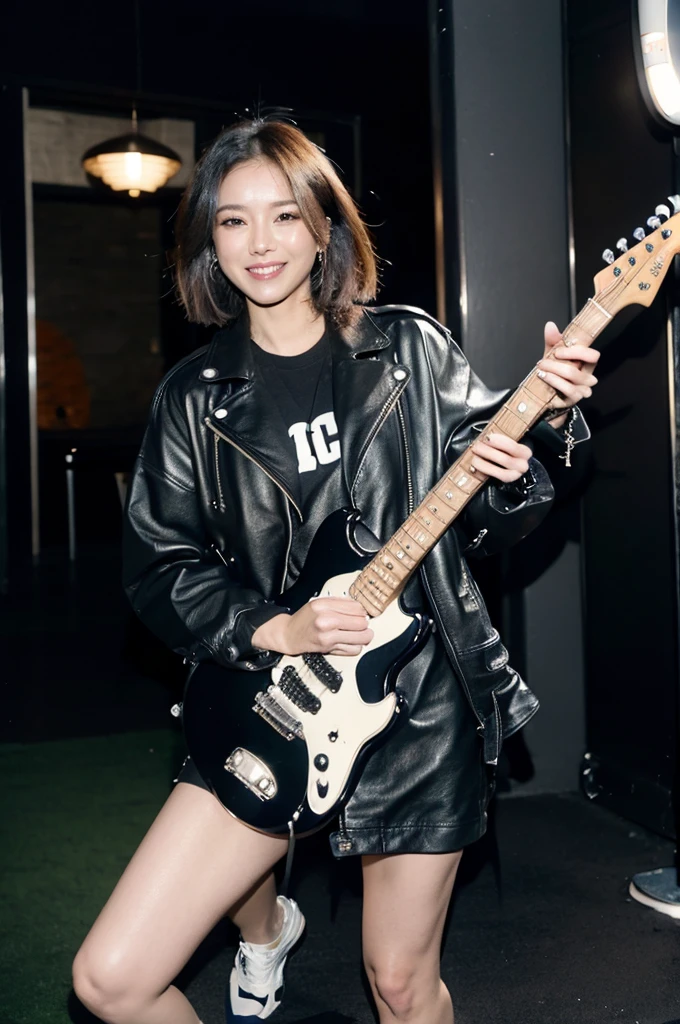 best quality, 8k, highly detailed face and skin texture, high resolution, big tits short hair japanese girl in biker jacket playing electric guitar with smile on stage at concert, under the light, full body, sharp focus