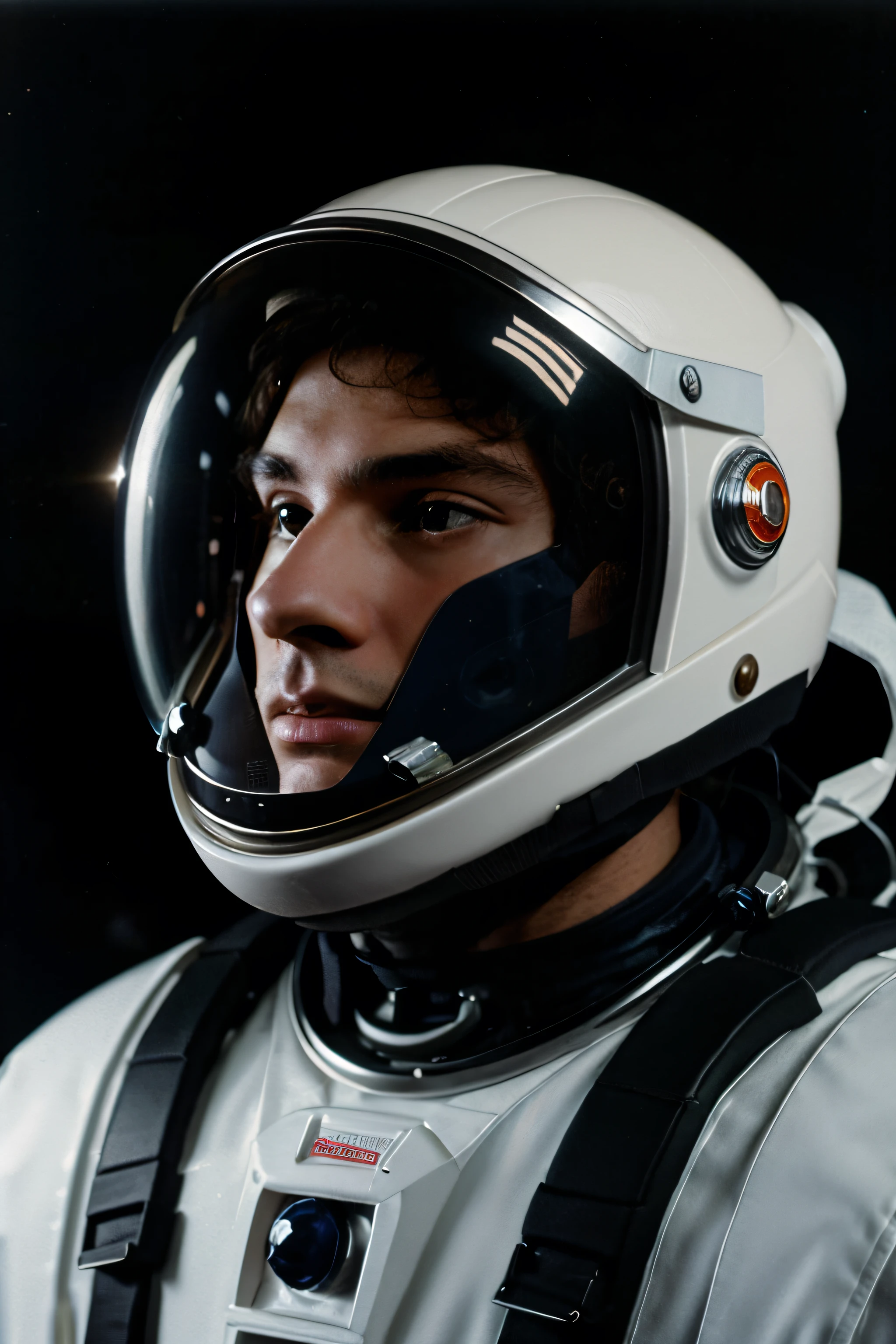 Retrato de un astronauta con un (Cosmic Explorer Helmet) Fotografado na Lua em um traje espacial creme com tom laranja dos anos 90 retrofuturistas