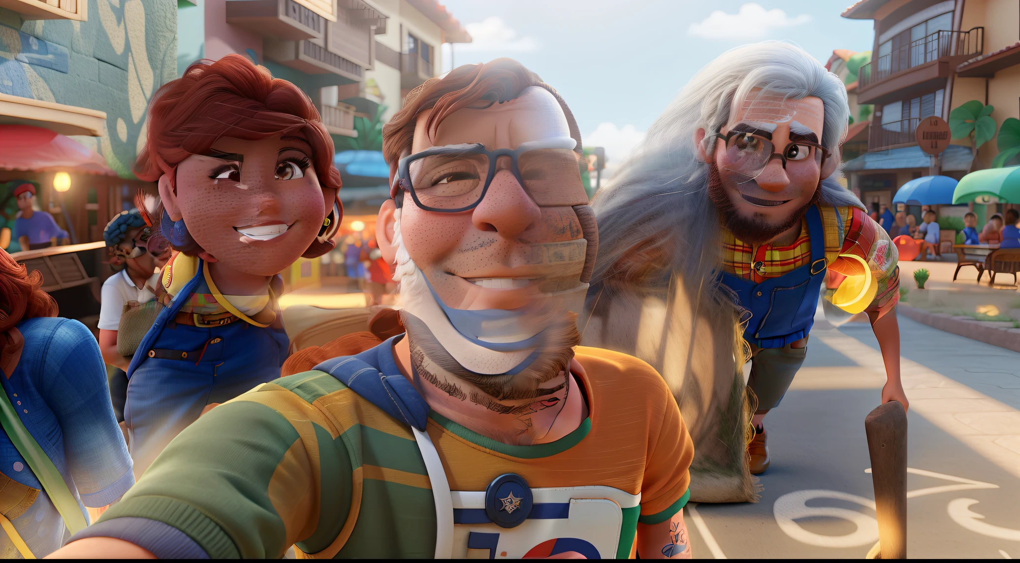 Amigos (homem moreno, mulher branca e mais outra mulher morena) no estilo Disney Pixar, alta qualidade, melhor qualidade.