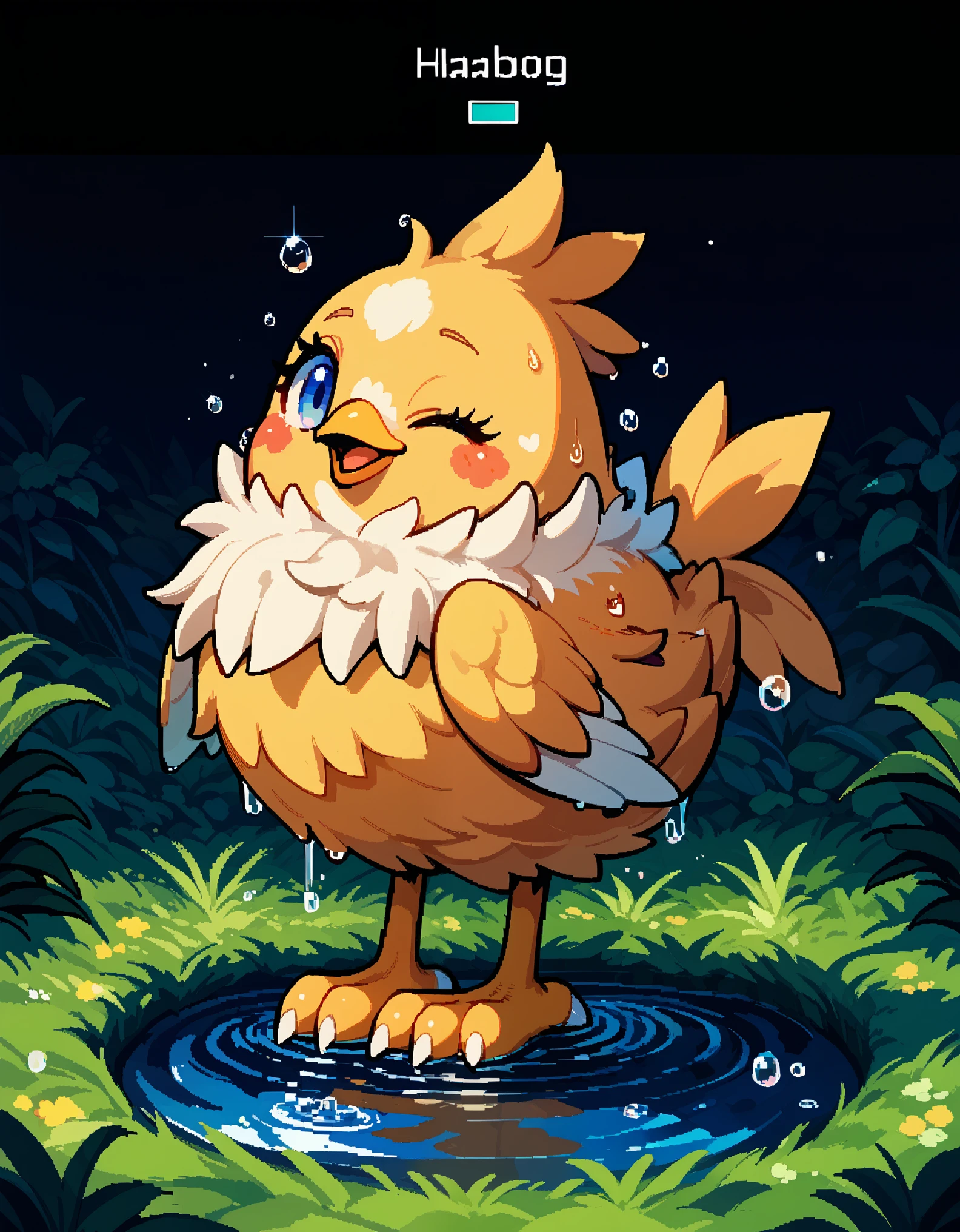 score_9,score_8_up,score_7_up,score_6_up,score_5_up,furry_source,a furry female Chocobo topless,wet,after rain,drip,water drop,arms behind head, wink,
(User Interface of Action game:1.3),
(english text:1.2),dots game, pixel art, dungeon, full body, sound effects,