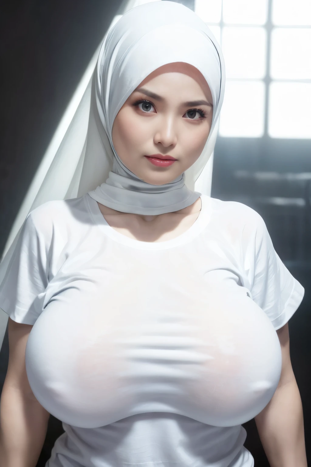 ((SHORT HIJAB)), ((Gigantic tits:1.5)), (dynamic photograph of a 58 year old Indonesian woman), (slim top, cotton panties), (straight non curly hair), (highly detailed face:1.4), (vascular muscles and abs:1.3), (background inside light, bright, private gym:1.1), (8k, uhd, dslr, high quality, cinematic lighting, bokeh), (dramatic, award winning photography, incredible masterpiece:1.3), (((sexy sultry stare at camera:0.8))), ((she is ready to dominate you:0.5)), ((beautiful feminine face)), add_detail:1, (((wearing huge white t-shirt ))), Giantess Concept