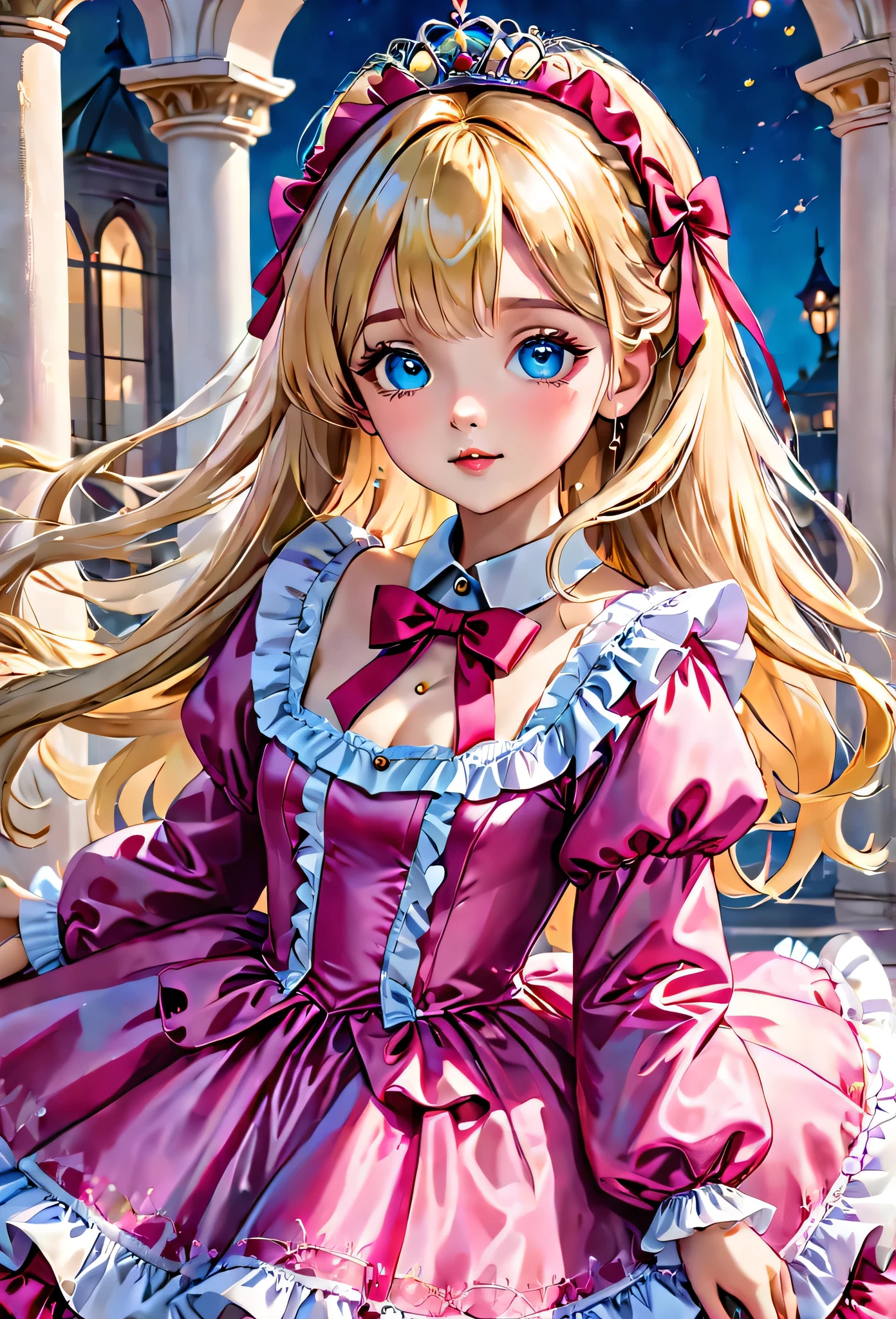 ,highest quality, masterpiece, highest resolution, artwork, 3K realistic photos,,((10 year old little girls)),Super detailed baby face,both are princesses,Full length ball gown dress with hoop skirt,ruffled yoke collar,Detailed braided ribbon on chest,puff sleeves,long sleeve,((Lolita style hot pink detailed princess satin dress、Comes with lots of frills and ribbons。)),shiny silk satin dress,soft and smooth silk satin fabric,luxury,Very long blonde hair,blue eyes,white skin european,pajamas,((Outside the palace)),Princess dancing happily,gorgeous flowing dress,fine white frills and lace,Super long hair that is as tall as your body,the princess is running