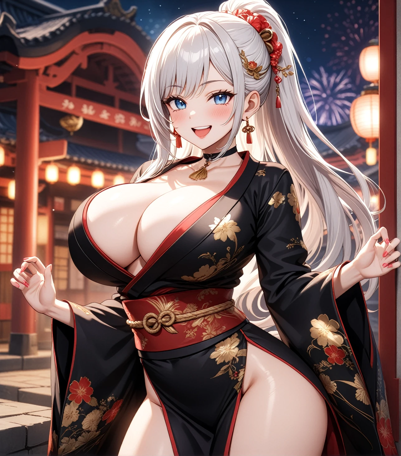 ((one personの女性)), Beautiful Face,Happy expression,Laugh embarrassedly,((Wink:2.0)),turn bright red,Glossy pink lips,French Nails,night,Shrine festival sexpensives,firework, ((Anime style background)),masterpiece, highest quality, so beautiful, Latest, Complex details, (Pink long nails),AI-generated, Complex,High resolution, highest quality, super high quality,3D Images、View your viewers、3D Images,one person,Long white hair,High Ponytail,blue eyes,Anime woman posing for a photo, [[Fine grain、Colorful eyes、Shining Eyes:1.15]],(Squint your eyes:1.1),a hyperRealistic , hyperRealistic , Realistic,Long haired white hair anime woman, Smooth anime CG art, A woman in a colorful kimono with gold embroidery, (Black kimono),Red floral pattern,Long flower hair ornament,Big earrings,Choker with charm,(Big Breasts:1.4),Mature Body,expensive,Big Ass,Fine details,Tight waist,Abdominal muscles,Leg spread