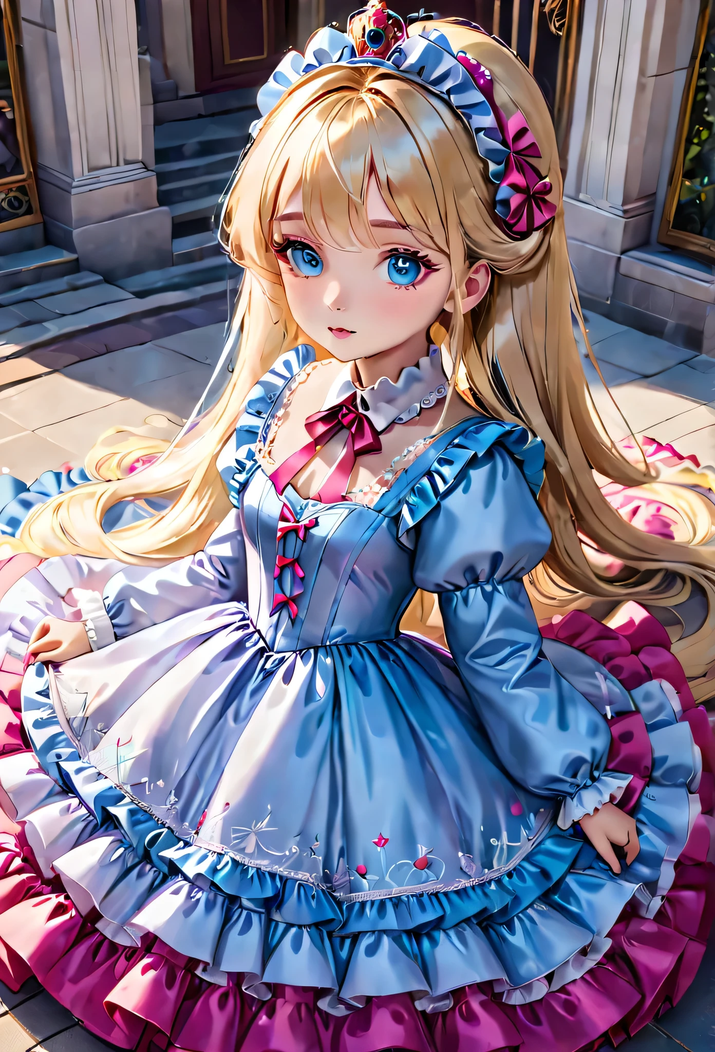 ,highest quality, masterpiece, highest resolution, artwork, 3K realistic photos,,((10 year old little girls)),Super detailed baby face,both are princesses,Full length ball gown dress with hoop skirt,ruffled yoke collar,Detailed braided ribbon on chest,puff sleeves,long sleeve,((Lolita style hot pink detailed princess satin dress、Comes with lots of frills and ribbons。)),shiny silk satin dress,soft and smooth silk satin fabric,luxury,Very long blonde hair,blue eyes,white skin european,pajamas,((Outside the palace)),Princess dancing happily,gorgeous flowing dress,fine white frills and lace,Super long hair that is as tall as your body,the princess is running