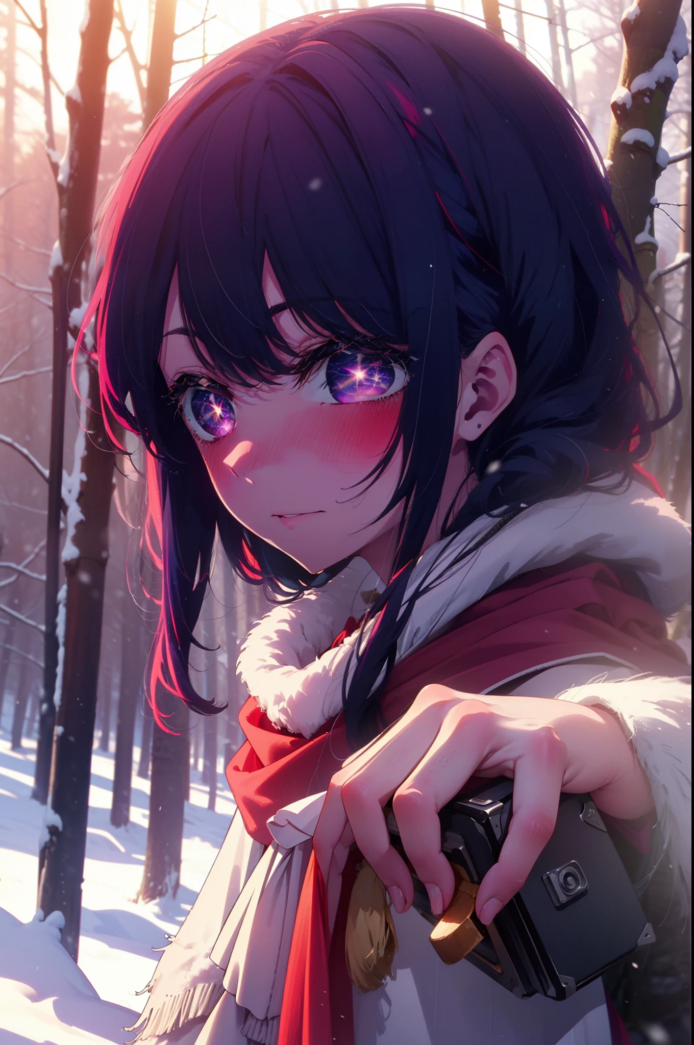 aihoshino, Ai Hoshino, Long Hair, bangs, (Purple eyes:1.1), Purple Hair, (Symbol-shaped pupil:1.5), smile,,smile,blush,White Breath,
Open your mouth,snow,Ground bonfire, Outdoor, boots, snowing, From the side, wood, suitcase, Cape, Blurred, , forest, White handbag, nature, Squat, Mouth closed, Cape, winter, Written boundary depth, Black shoes, red Cape break looking at viewer, Upper Body, whole body, break Outdoor, forest, nature, break (masterpiece:1.2), highest quality, High resolution, unity 8k wallpaper, (shape:0.8), (Beautiful and beautiful eyes:1.6), Highly detailed face, Perfect lighting, Extremely detailed CG, (Perfect hands, Perfect Anatomy),