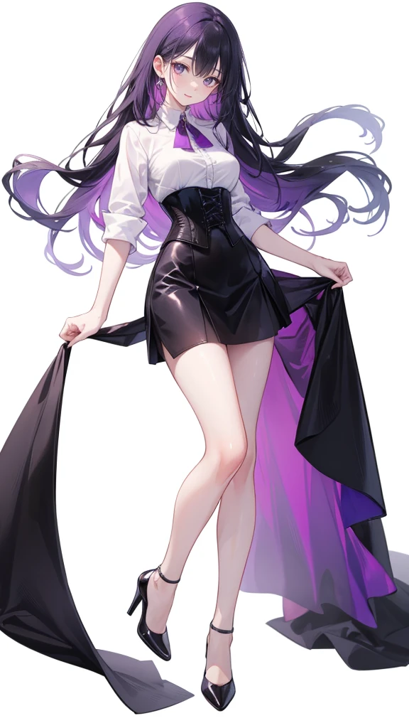 Purple Hair,long hair,Adult female,(suit),White Y-shirt,((Rolling up his sleeves)),(corset),(Black tight skirt),(High heels),Heels are visible,((Simple white background)),smile,((whole body)),((full body)),