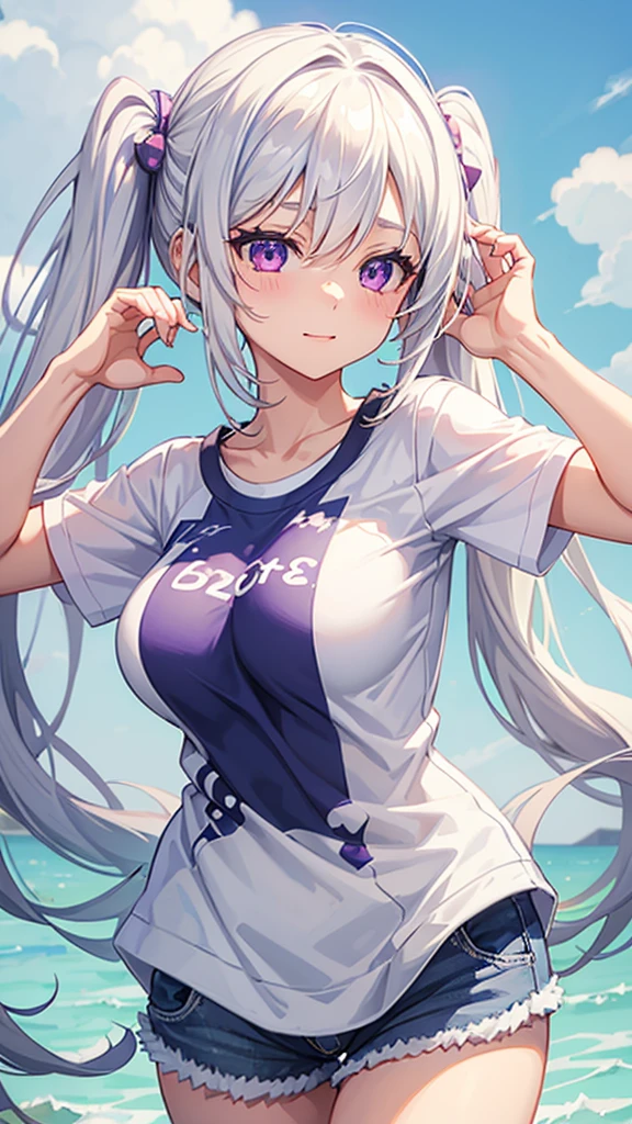 1_girl, solo, best quality, masterpiece, , ,short, huge breasts, white hair,low twintails, purple eyes, yukine chris, thin twintails, (((shy))), (happy), wearing a anime T-shirt, blue denim shorts, upper body portrait