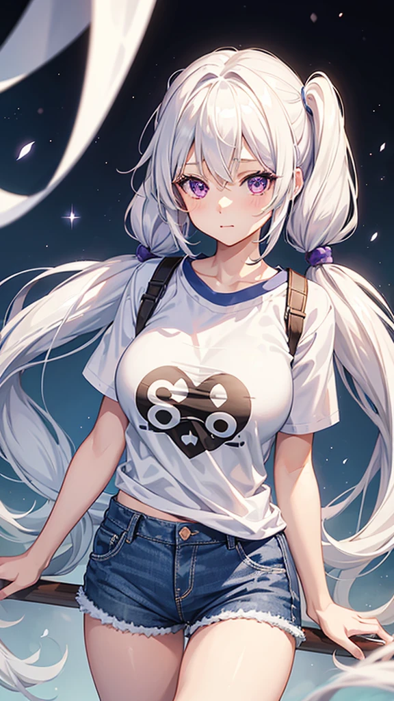 1_girl, solo, best quality, masterpiece, , ,short, huge breasts, white hair,low twintails, purple eyes, yukine chris, thin twintails, (((shy))), (happy), wearing a anime T-shirt, blue denim shorts, upper body portrait