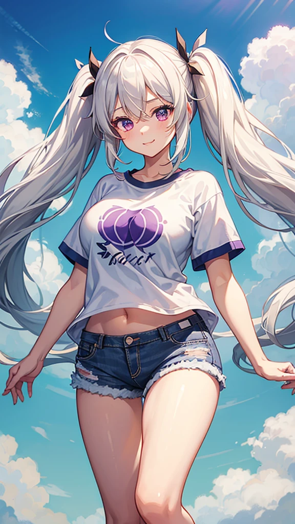 1_girl, solo, best quality, masterpiece, , ,short, huge breasts, white hair,low twintails, purple eyes, yukine chris, thin twintails, (((shy))), (happy), wearing a anime T-shirt, blue denim shorts, upper body portrait