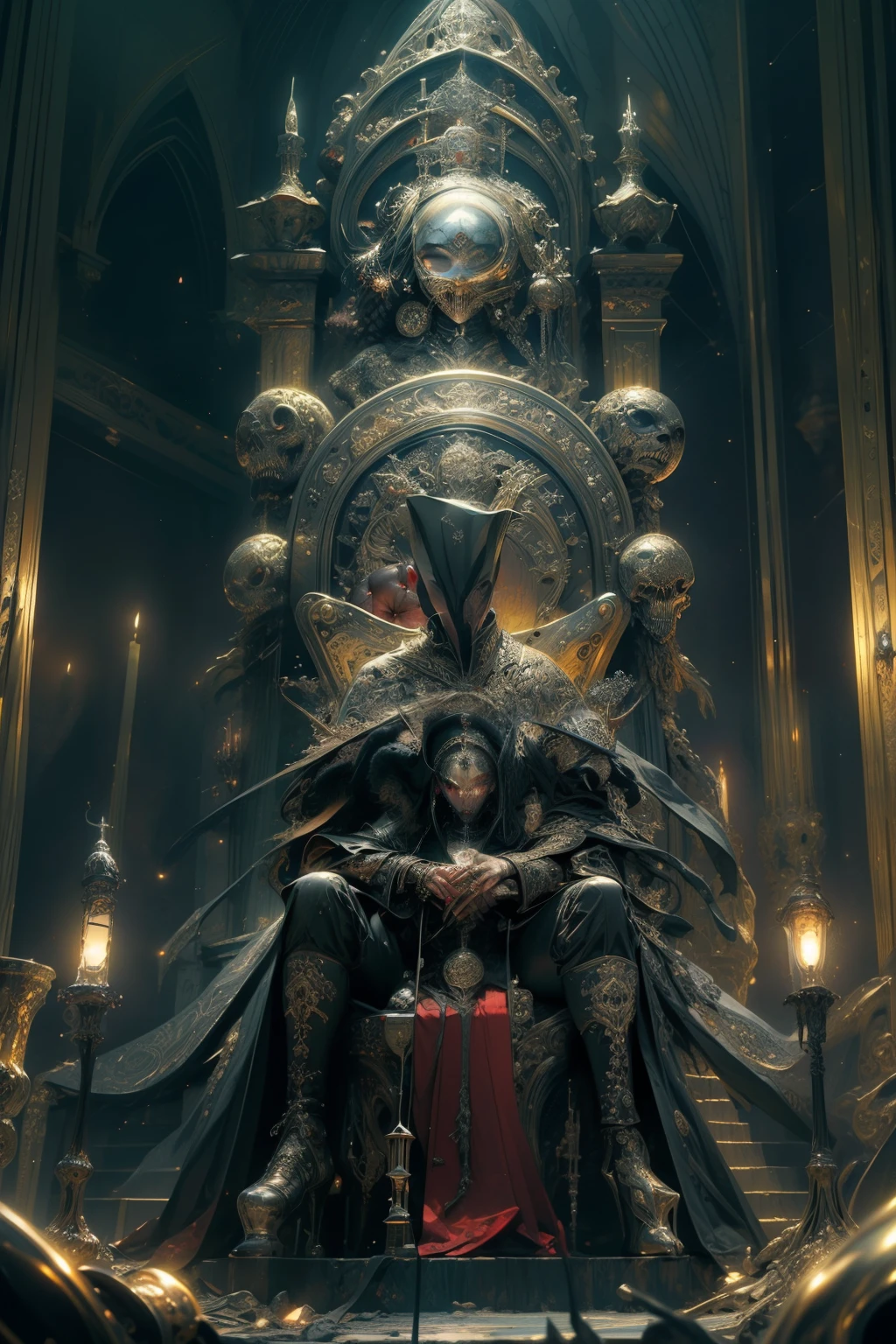 ((best quality)), ((masterpiece)), (detailed), an empty throne, grand in scale and intricacy, blurring the lines between throne and shrine, occult aesthetic, occult, detailed and intricate steampunk and detailed gothic, Very dramatic and cinematic lighting, cosmic horror, grim dark, Red and white with a sense of technology, side-lighting