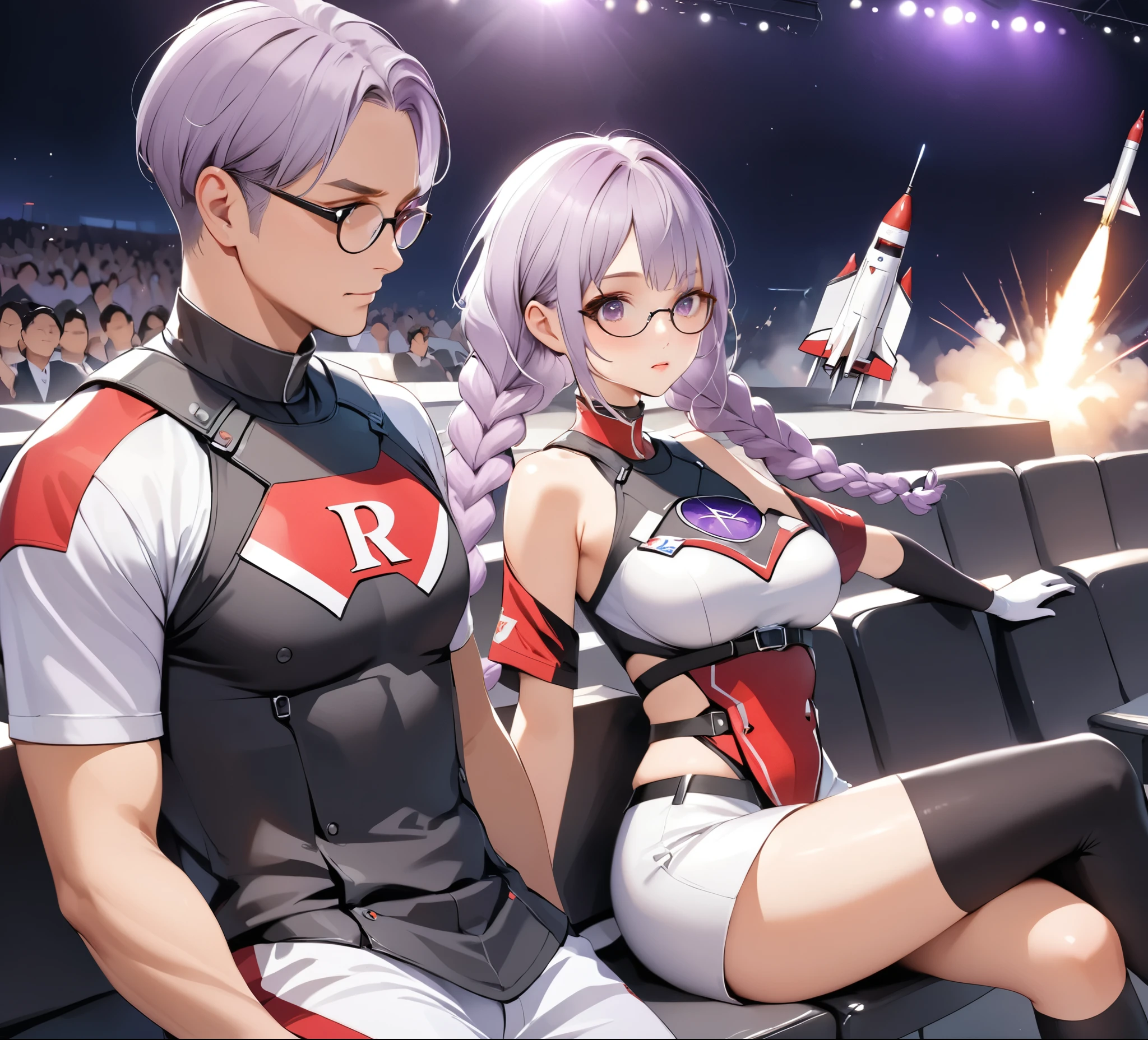 best quality, (masterpiece:1.2), illustration, absurd, Japanese cartoons,
(A man，A woman(Purple and White Gradient Double Braids)), 
Glasses, Rockets,Rockets uniform, Red letter R, White short top,Black elbow gloves
 (looking at the audience)