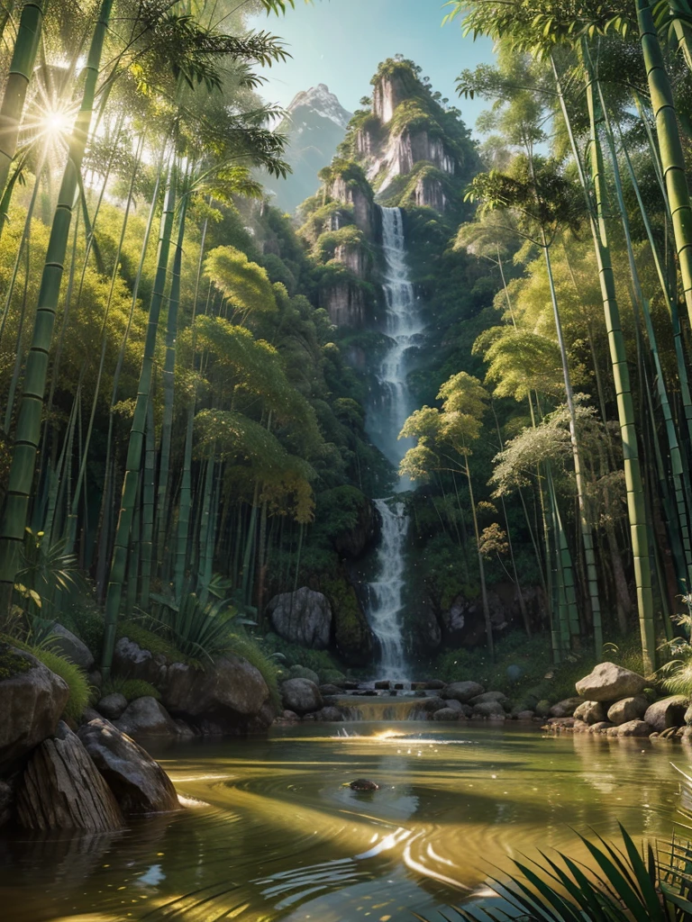 Studio Photos, 4k,Very detailed, (3D Art,3D Style),(masterpiece,high quality,,Official Art,Beauty and Aesthetics:1.2),(绿色bamboo材质:1.2),No humans,bamboo,bamboo forest,Background is a Chinese three-dimensional landscape painting,Blue Theme,Surrealism,Dreamy style 、Cream-colored organic fluid、Ray Tracing、前景bamboo遮挡、Natural light、jungle、(c4d、OC Rendering)、Mountains,river,Fall