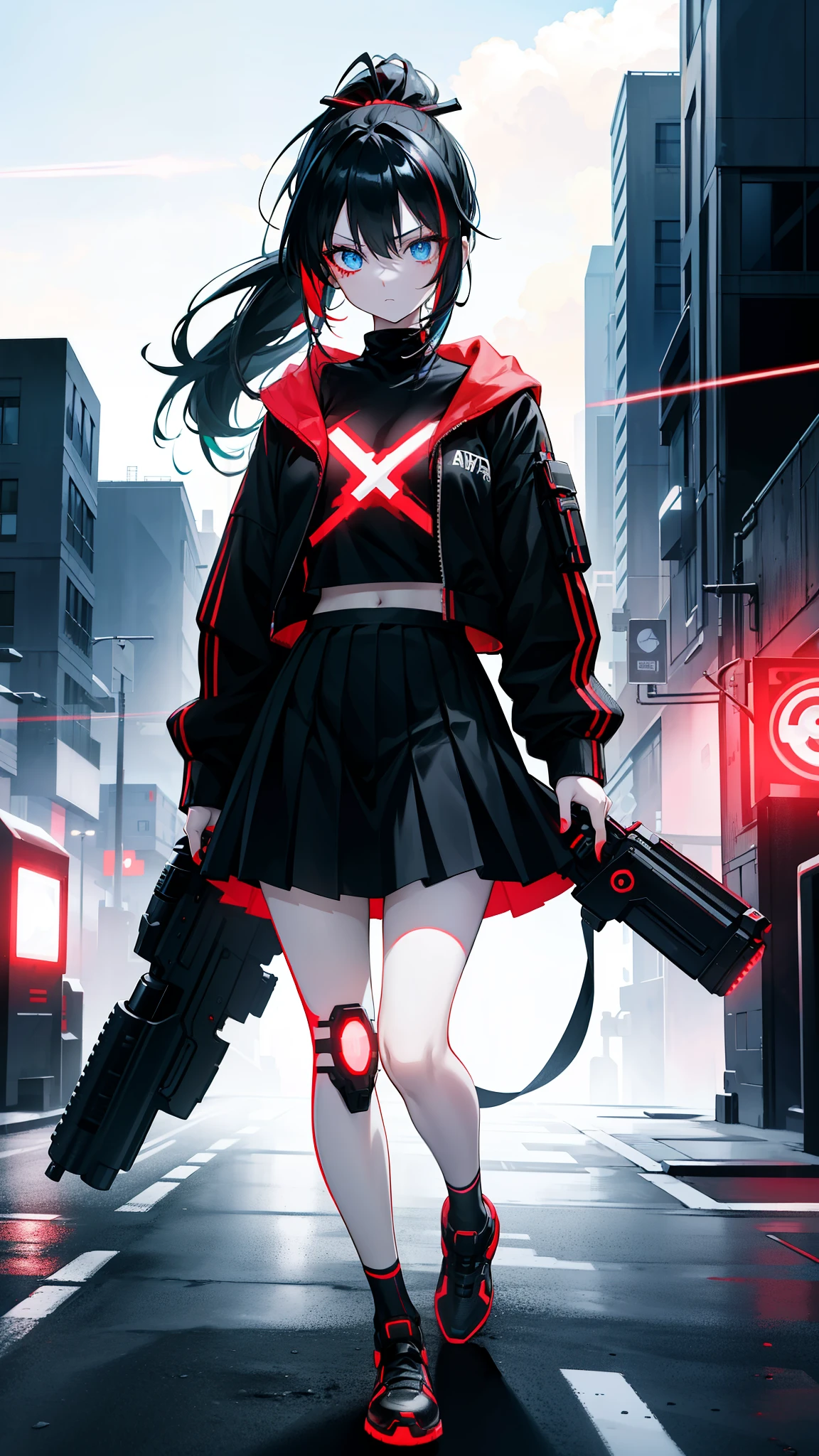 Ponytail full body cyber girl. Bright red shows she is an internet girl. Green hair holding a gun、Anime characters in black clothing, But there is a skirt. She also has blue eyes. Terminator-like environment. black hair. Her face is illuminated by bright red on one side. like LED. And there are LED lights on both hands.