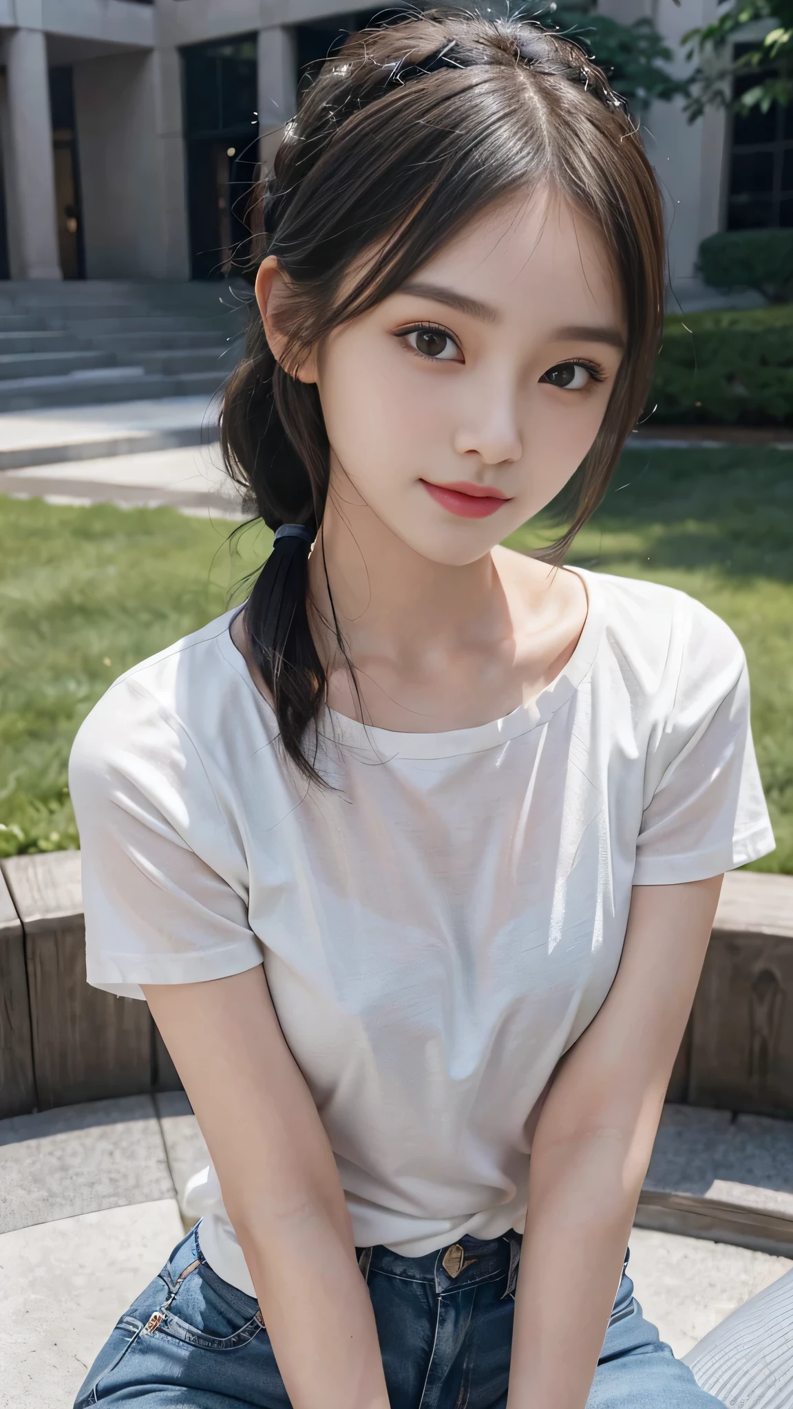 Black underwear shows through the white T-shirt,jeans,outdoors,Urban Park,On the lawn,Close up face,One woman,masutepiece, The highest image quality, High quality, the background is clear,Beautiful woman, Japanese, Detailed, Detailed eyes, Detailed skin, Beautiful skin, 超hight resolution, (reality: 1.4),Very beautiful woman, Slightly younger face, Beautiful skin, slender, (Ultra photo realsisim), (hight resolution), (8K), (Very detailed) (beautifully detailed eyes), (super detailed), (Detailed face), view the viewer, Fine details, Detailed face, Staring straight ahead, Staring straight ahead, photos realistic, Bright lighting, Professional Lighting, Black hair,poneyTail,a baby face,fourteen years old,Hairstyle: ponytail,Long ponytail hairstyle,slight smile,neat and tidy clothing,Beautiful Japanese KPOP idol photo, hair style is ponytail, my eyes are double and wide, baby face, smile and look straight ahead, slender, small breasts,Close up face,