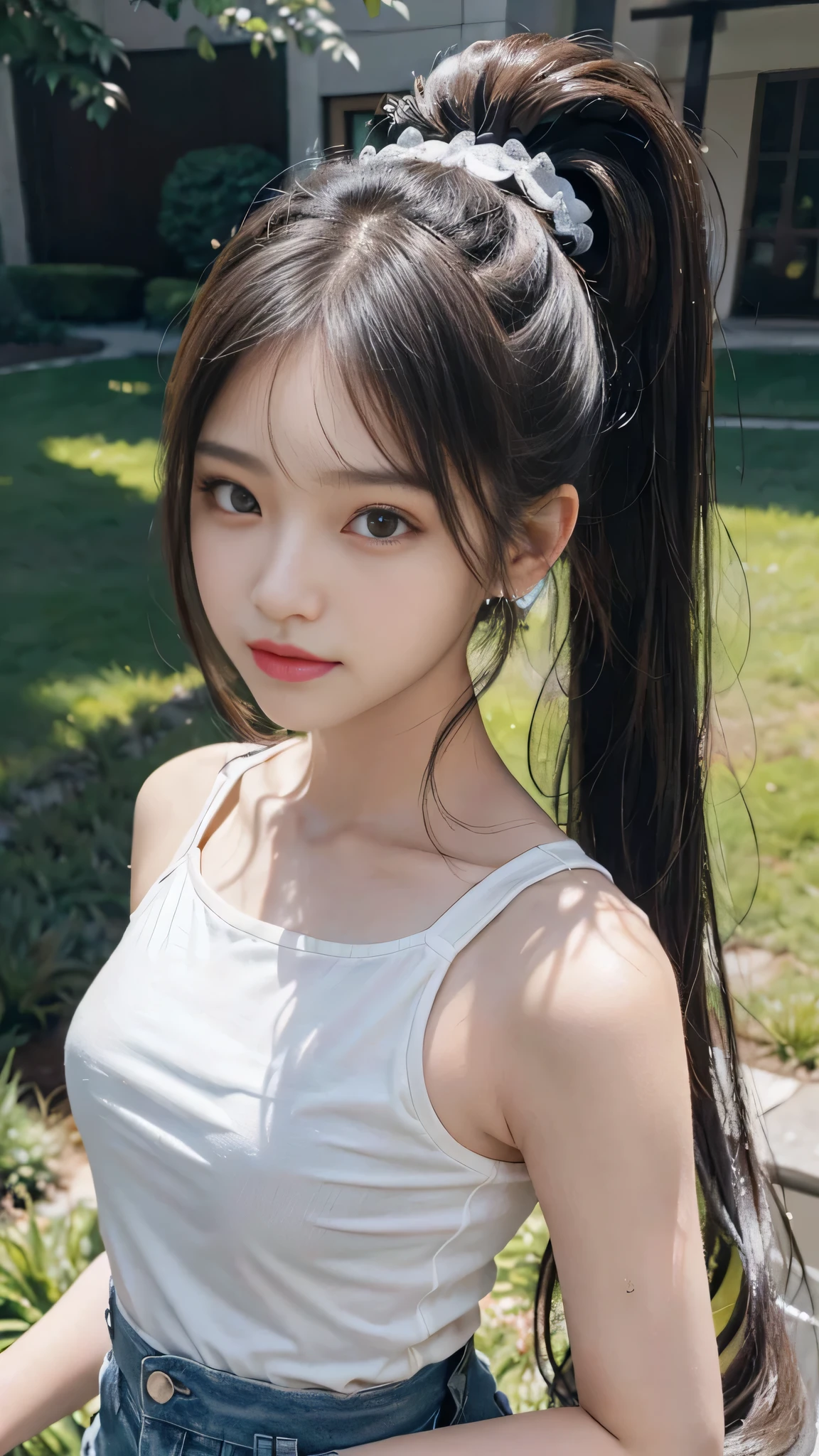 Black underwear shows through the white T-shirt,jeans,outdoors,Urban Park,On the lawn,Close up face,One woman,masutepiece, The highest image quality, High quality, the background is clear,Beautiful woman, Japanese, Detailed, Detailed eyes, Detailed skin, Beautiful skin, 超hight resolution, (reality: 1.4),Very beautiful woman, Slightly younger face, Beautiful skin, slender, (Ultra photo realsisim), (hight resolution), (8K), (Very detailed) (beautifully detailed eyes), (super detailed), (Detailed face), view the viewer, Fine details, Detailed face, Staring straight ahead, Staring straight ahead, photos realistic, Bright lighting, Professional Lighting, Black hair,poneyTail,a baby face,fourteen years old,Hairstyle: ponytail,Long ponytail hairstyle,slight smile,neat and tidy clothing,Beautiful Japanese KPOP idol photo, hair style is ponytail, my eyes are double and wide, baby face, smile and look straight ahead, slender, small breasts,Close up face,