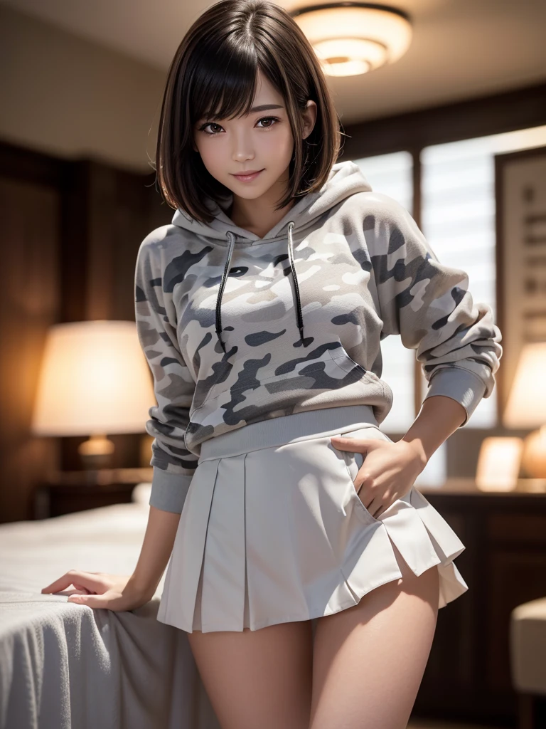 (8k, RAW Photos, highest quality, Tabletop:1.2), (Realistic, Photorealistic:1.4), (Highly detailed 8k wallpaper), Sharp focus, Depth of written boundary, Blur the background, Bokeh, Cinema Lighting, Soft Light, (whole body), 1 girl,18 years old famous Japanese idol, Perfect female body, indoor, (White and grey camouflage hoodie and black micro mini pleated skirt : 1.3), (Long, slender legs), (smile), Glossy lips, Beautiful fine details,Natural Makeup, Shiny and smooth light brown short bob hair, Asymmetrical bangs, Shiny skin, Center image, High resolution, Attention to detail, Detailed hairstyle, Detailed face, 素晴らしいCinema Lighting, Octane Rendering, Vibrant, Ultra-realistic, Perfect limbs, Perfect Anatomy