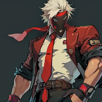 (((Best quality ,artwork ))) human Male white Mad hair , (( Concept ART )) , wearing red Tie ,Bandana Mask 