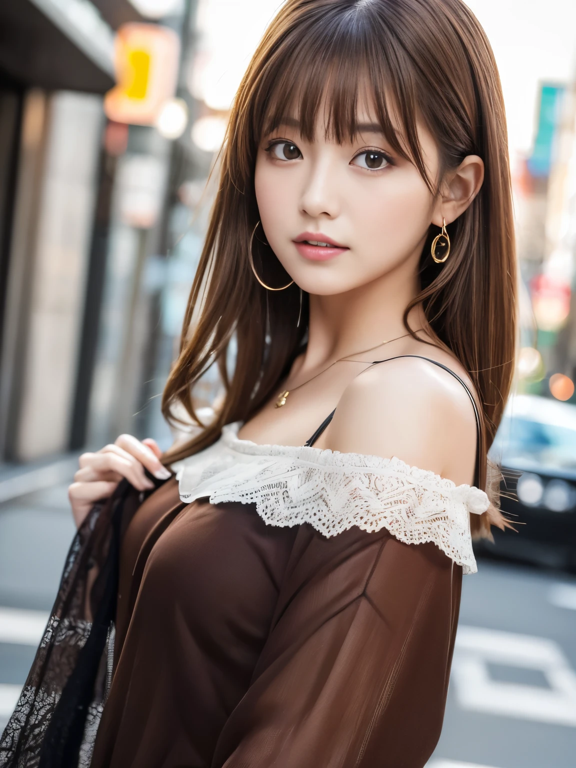 Ultra High Definition, Superior Quality, Premier Quality, ultra detailed, Photorealistic, 8k, RAW Photos, highest quality, masterpiece, Attractive girl, Stunning girl, Brown Hair, Shoulder Length Layered, asymmetrical bangs, Japanese Idol, Sophisticated, Stylish, blouse,Shibuya, 