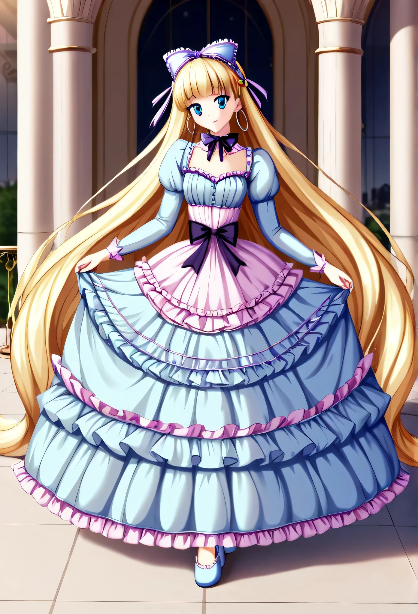 ,highest quality, masterpiece, highest resolution, artwork, 3K realistic photos,,(( girls)),Super detailed baby face,both arees,Full length ball gown dress with hoop skirt,ruffled yoke collar,Detailed braided ribbon on chest,puff sleeves,long sleeve,((Lolita style hot pink detailed princess satin dress、Comes with lots of frills and ribbons。)),shiny silk satin dress,soft and smooth silk satin fabric,luxury,Very long blonde hair,blue eyes,white skin european,pajamas,((Outside the palace)),Princess dancing happily,gorgeous flowing dress,fine white frills and lace,Super long hair that is as tall as your body,the princess is running
