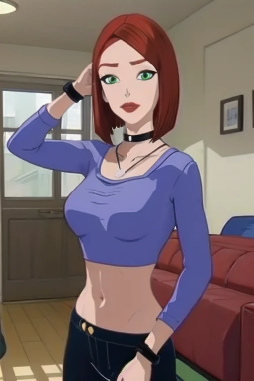 straight-on,pose,looking at viewer,solo, BREAK,
CARTOON_merry_jane_watson_SMTAS_ownwaifu, www.ownwaifu.com, 3d,
red hair, short hair, green eyes, breasts, makeup, lipstick, red lips, large breasts, narrow waist, curvy, bob cut, lips,
choker, jewelry, necklace, black choker, midriff, blue shirt, crop top, long sleeves, navel, black_pants, jeans, denim, wristband,
BREAK, official art, highres, scenery, (masterpiece:1.1), (best quality,:1.1), (high quality:1.1), (anime screencap:1.2),