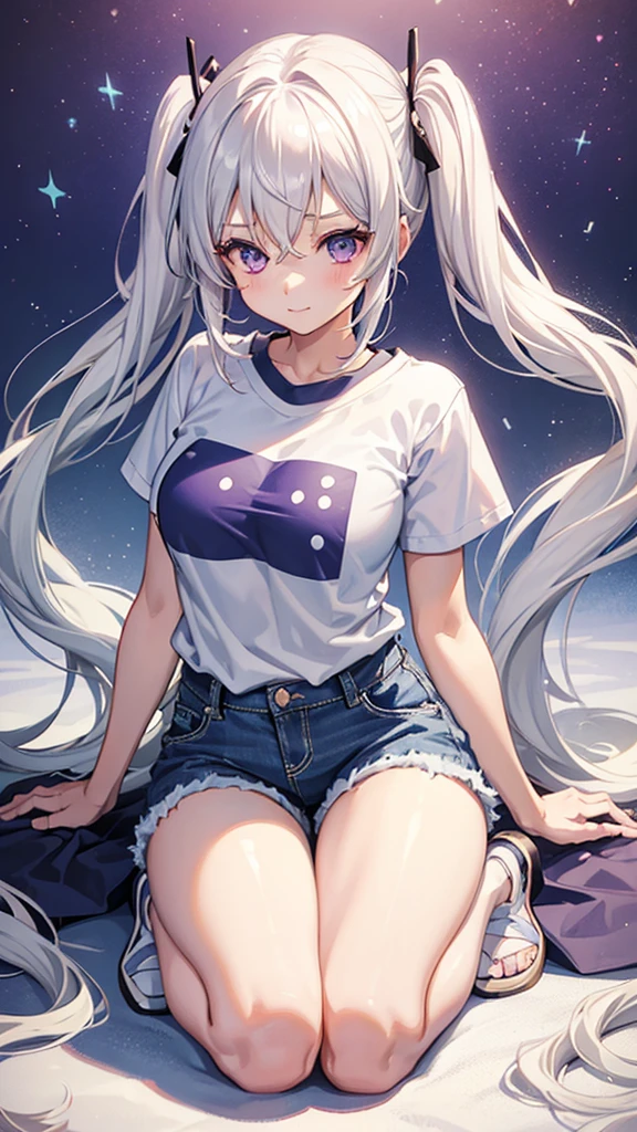 1_girl, solo, best quality, masterpiece, , ,short, huge breasts, white hair,low twintails, purple eyes, yukine chris, thin twintails,  (((shy))), (happy), wearing a anime T-shirt, blue denim shorts, upper body portrait, kneeling 