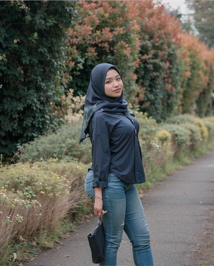 short skinny girl, tucked shirt, long skirt, long sleeves,little cute smile, using hijab, in the forest, leaning against the wall