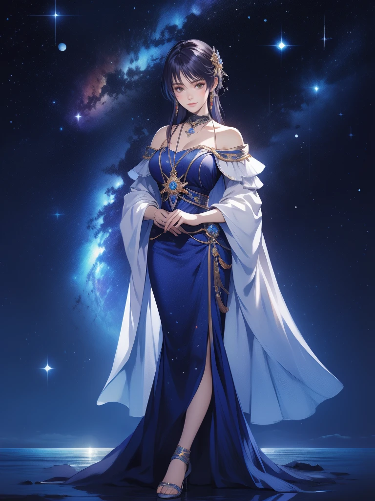 highest quality,　Best image quality,　masterpiece,　1girl, mature woman, shandy, astrologer, Alluring, kindly smile, Starry Sky, (half closed eyes:1.3), full body shot