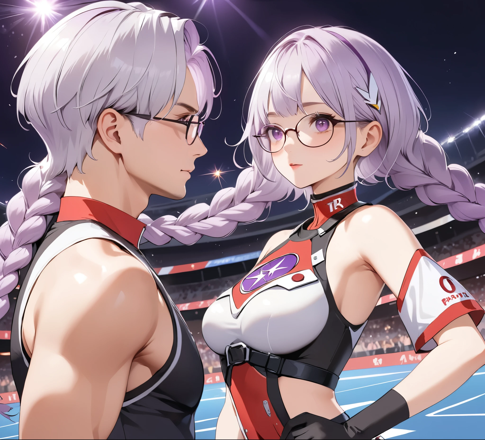 best quality, (masterpiece:1.2), illustration, absurd, Japanese cartoons,
(A man，A woman(Purple and White Gradient Double Braids)), 
Glasses, Rockets,Rockets uniform, Red letter R, White short top,Black elbow gloves
 (looking at the audience)