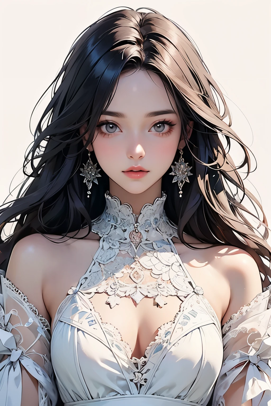 Beautiful woman wearing white lace on bare skin、Bare skin showing through lace、Contrast of bare skin and lace、Bust Shot、(Lace pattern:1.4)、(Fractal Art: 1.2)、(colorful: 1.2)、(aesthetic: 1.2)、 (dynamic)、colored particles, Light, (masterpiece、highest quality)、Best details、4k concept art