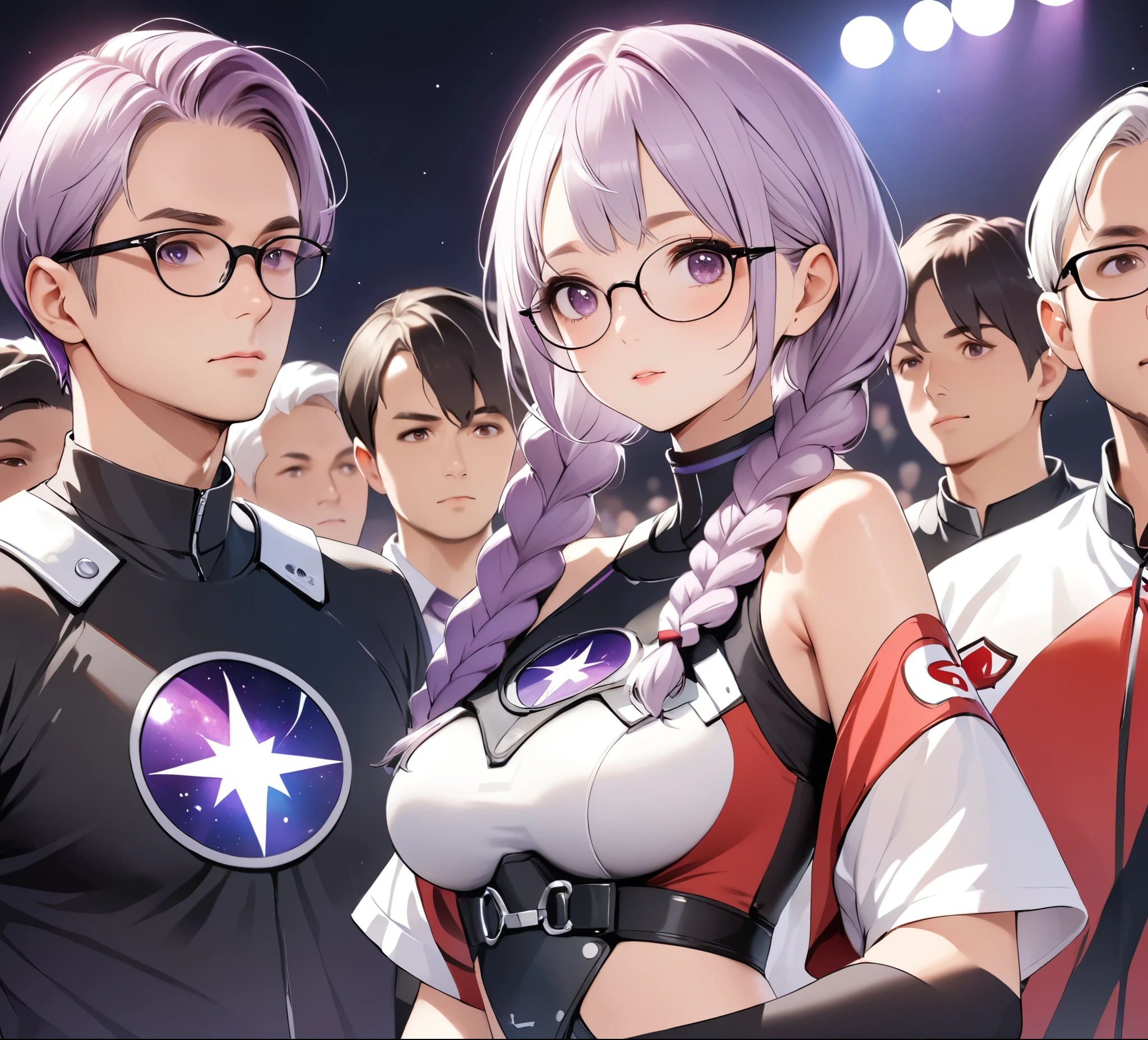 best quality, (masterpiece:1.2), illustration, absurd, Japanese cartoons,
(A man，A woman(Purple and White Gradient Double Braids)), 
Glasses, Rockets,Rockets uniform, Red letter R, White short top,Black elbow gloves
 (looking at the audience)