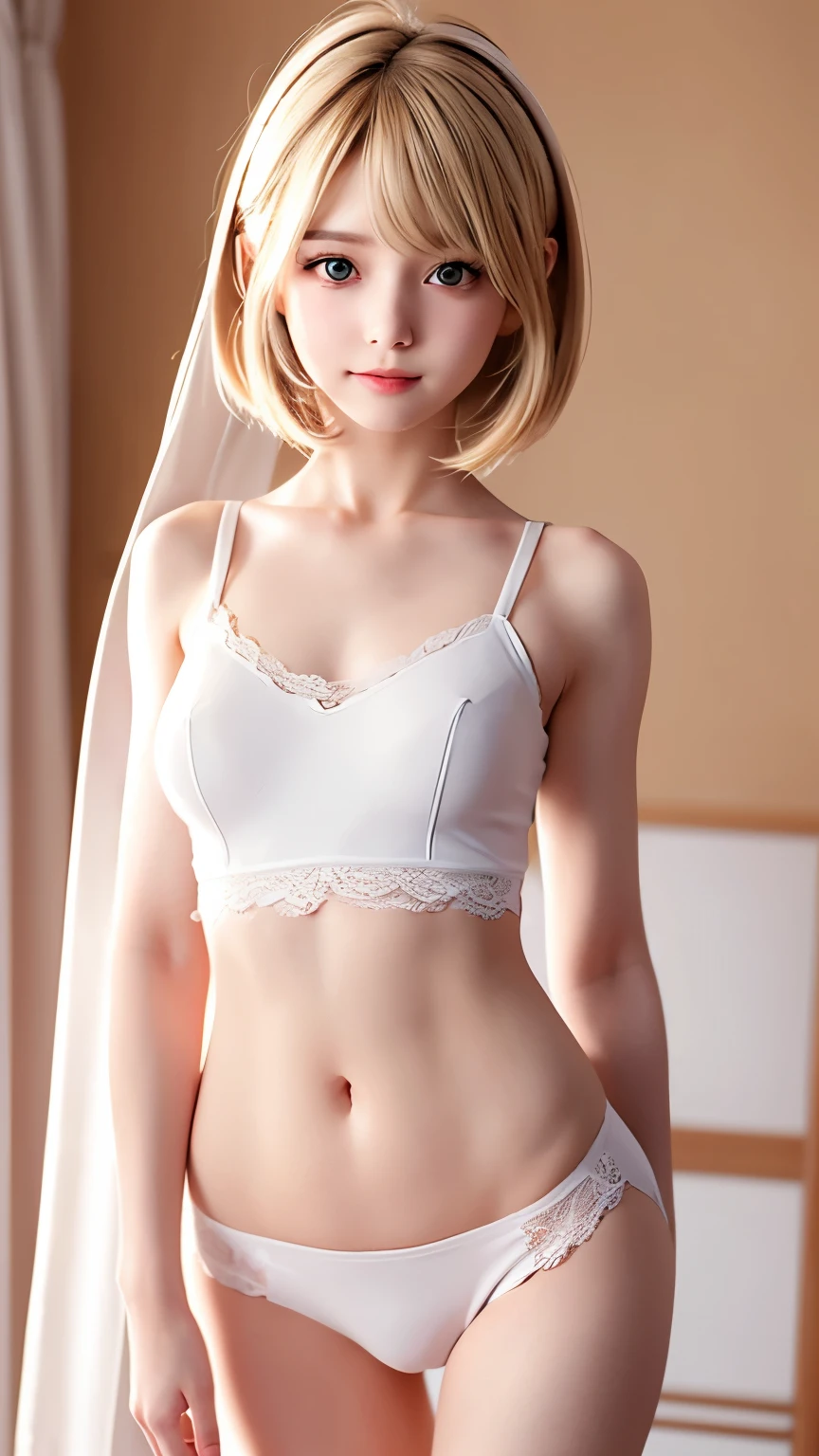 Underwear with less fabric area、Low Leg、Low rise、（（Inconspicuous tear bags））、Pubic hair、doll、Transparent white skin、Beautiful big eyes、Staring at me、Small breasts、Beautiful clavicle、Soft and fluffy bed、性行為doll、Anime Style、（（Green Eyes））、（Extremely small white camisole and tiny shorts underwear）、（（Tabletop、highest quality、High resolution））、Extremely detailed 8K、Beautiful girl with slim body、 (Ultra HD、Super detailed、Very detailed、Very realistic、Ultra-realistic、Photo Real)、（（（The whole body fits into the panel）））、Short Bob Blonde、Japanese Sexy Model、１６K、８ｋ、３Ｄ、highest quality画像、Sensual smile、20-year-old、high resolution、Beautiful buttocks emphasis、（（（Baby Face、very cute、）））、low length、Show your crotch、Make your expressions more realistic、Thin and soft hair、There are western-style rooms.、