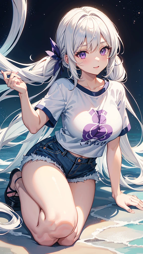 1_girl, solo, best quality, masterpiece, , ,short, huge breasts, white hair,low twintails, purple eyes, yukine chris, thin twintails, (happy), wearing a anime T-shirt, blue denim shorts, upper body portrait, kneeling