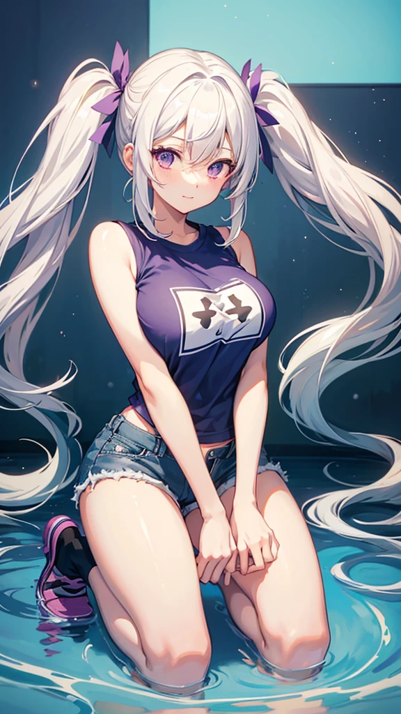 1_girl, solo, best quality, masterpiece, , ,short, huge breasts, white hair,low twintails, purple eyes, yukine chris, thin twintails, (happy), wearing a anime T-shirt, blue denim shorts, upper body portrait, kneeling