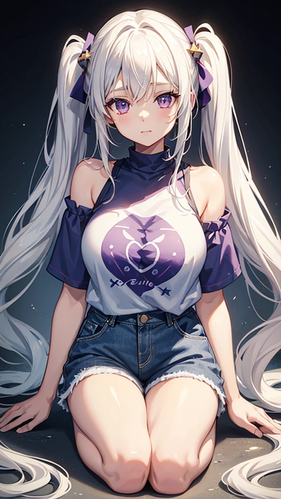 1_girl, solo, best quality, masterpiece, , ,short, huge breasts, white hair,low twintails, purple eyes, yukine chris, thin twintails, (happy), wearing a anime T-shirt, blue denim shorts, upper body portrait, kneeling