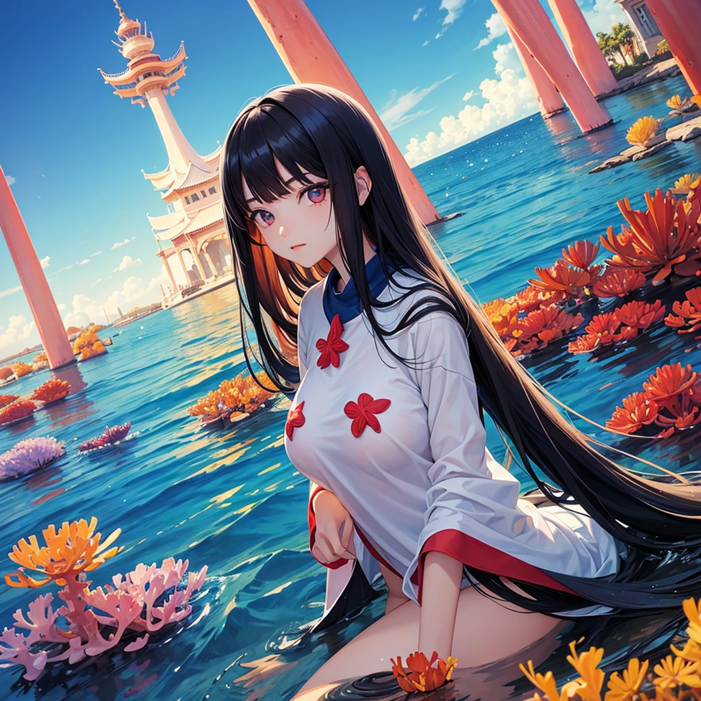 anime、Vibrant colors、Cool beauty、17 years old、Black Hair、Long Hair、Straight Hair、The bangs are cut above the eyebrows、Narrow eyes、Slanted Eyes、Bright eyes、Sharp Eyes、Sparkling eyes、Large Breasts、In the sea with beautiful coral、100 small tropical fish、Sunshine、1000 glowing particles、rainbow、Old Temple