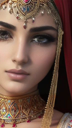 intricate detailed portrait of a beautiful syrian woman, striking facial features, piercing eyes, full lips, delicate skin, long lashes, natural lighting, ambient shadow, intricate textile patterns, ornate jewelry, serene expression, photorealistic, cinematic lighting, vibrant colors, highly detailed, 4k, masterpiece