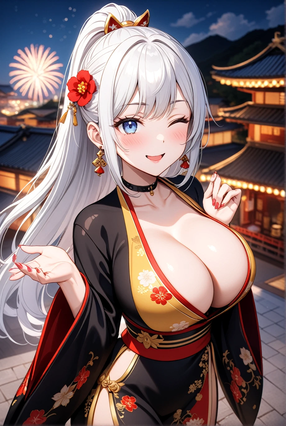 ((one personの女性)), Beautiful Face,Happy expression,Laugh embarrassedly,((Wink:2.0)),turn bright red,Glossy pink lips,French Nails,night,Shrine festival sexpensives,firework, ((Anime style background)),masterpiece, highest quality, so beautiful, Latest, Complex details, (Pink long nails),AI-generated, Complex,High resolution, highest quality, super high quality,3D Images、View your viewers、3D Images,one person,Long white hair,High Ponytail,blue eyes,Anime woman posing for a photo, [[Fine grain、Colorful eyes、Shining Eyes:1.15]],(Squint your eyes:1.1),a hyperRealistic , hyperRealistic , Realistic,Long haired white hair anime woman, Smooth anime CG art, A woman in a colorful kimono with gold embroidery, (Black kimono),Red floral pattern,Long flower hair ornament,Big earrings,Choker with charm,(Big Breasts:1.4),Mature Body,expensive,Big Ass,Fine details,Tight waist,Abdominal muscles,Photographed from diagonally above,Curl your fingers in cat pose