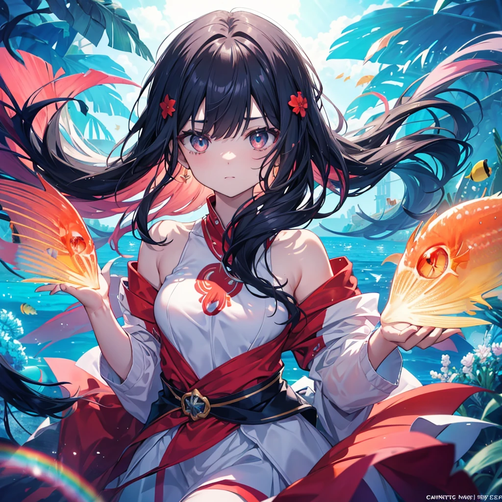 anime、Vibrant colors、Cool beauty、17 years old、Black Hair、Long Hair、Straight Hair、The bangs are cut above the eyebrows、Narrow eyes、Slanted Eyes、Bright eyes、Sharp Eyes、Sparkling eyes、Large Breasts、In the sea with beautiful coral、100 small tropical fish、Sunshine、1000 glowing particles、rainbow、Old Temple