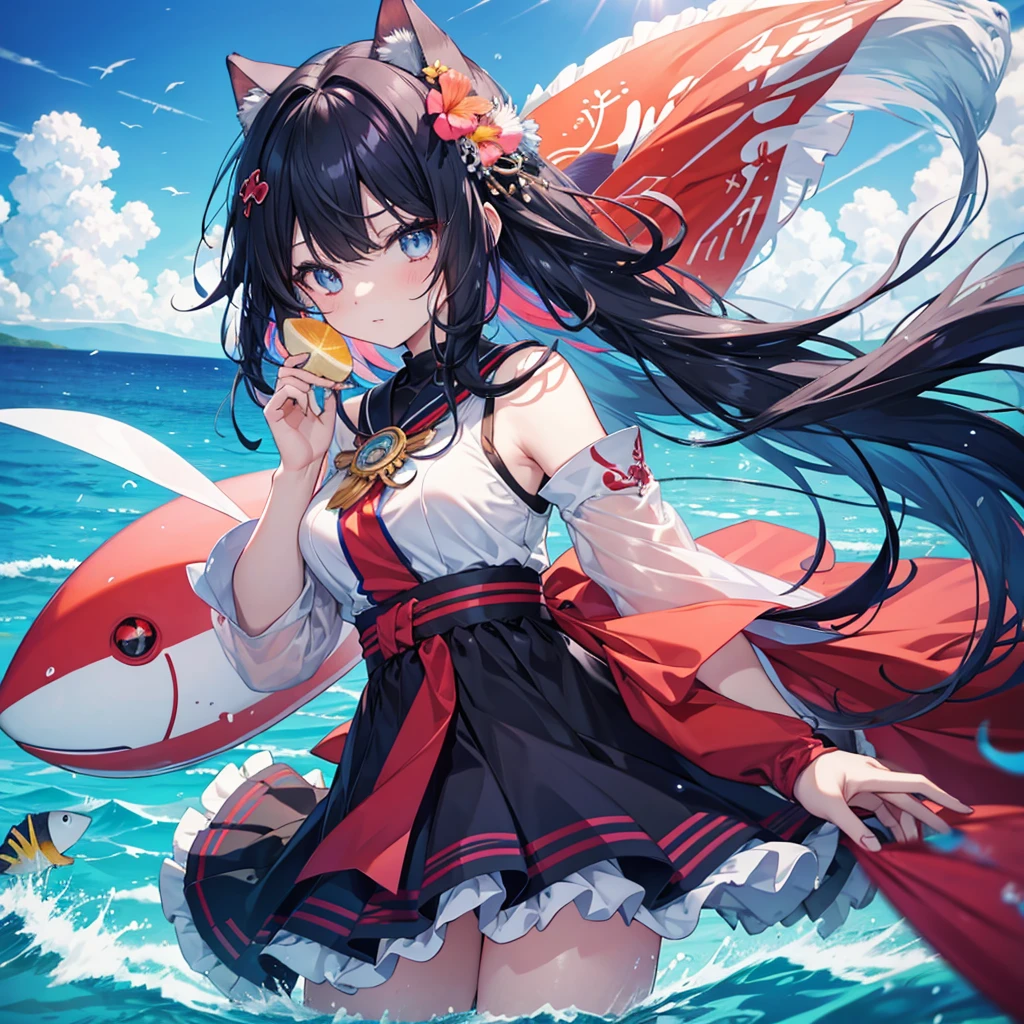 anime、Vibrant colors、Cool beauty、17 years old、Black Hair、Long Hair、Straight Hair、The bangs are cut above the eyebrows、Narrow eyes、Slanted Eyes、Bright eyes、Sharp Eyes、Sparkling eyes、Large Breasts、In the sea with beautiful coral、100 small tropical fish、Sunshine、1000 glowing particles、rainbow、Old Temple