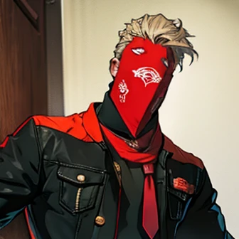 (((Best quality ,artwork ))) human Male white Mad hair , hold bat, wearing red Tie , wearing Bandana Mask , 